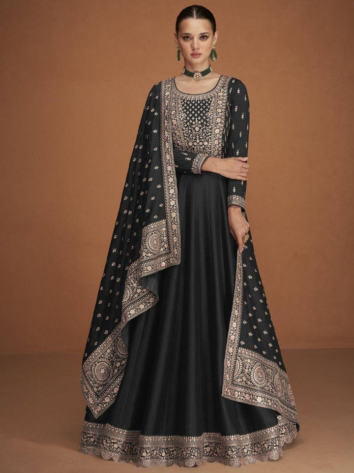 Attractive Black Embroidered Silk Festival Wear Gown