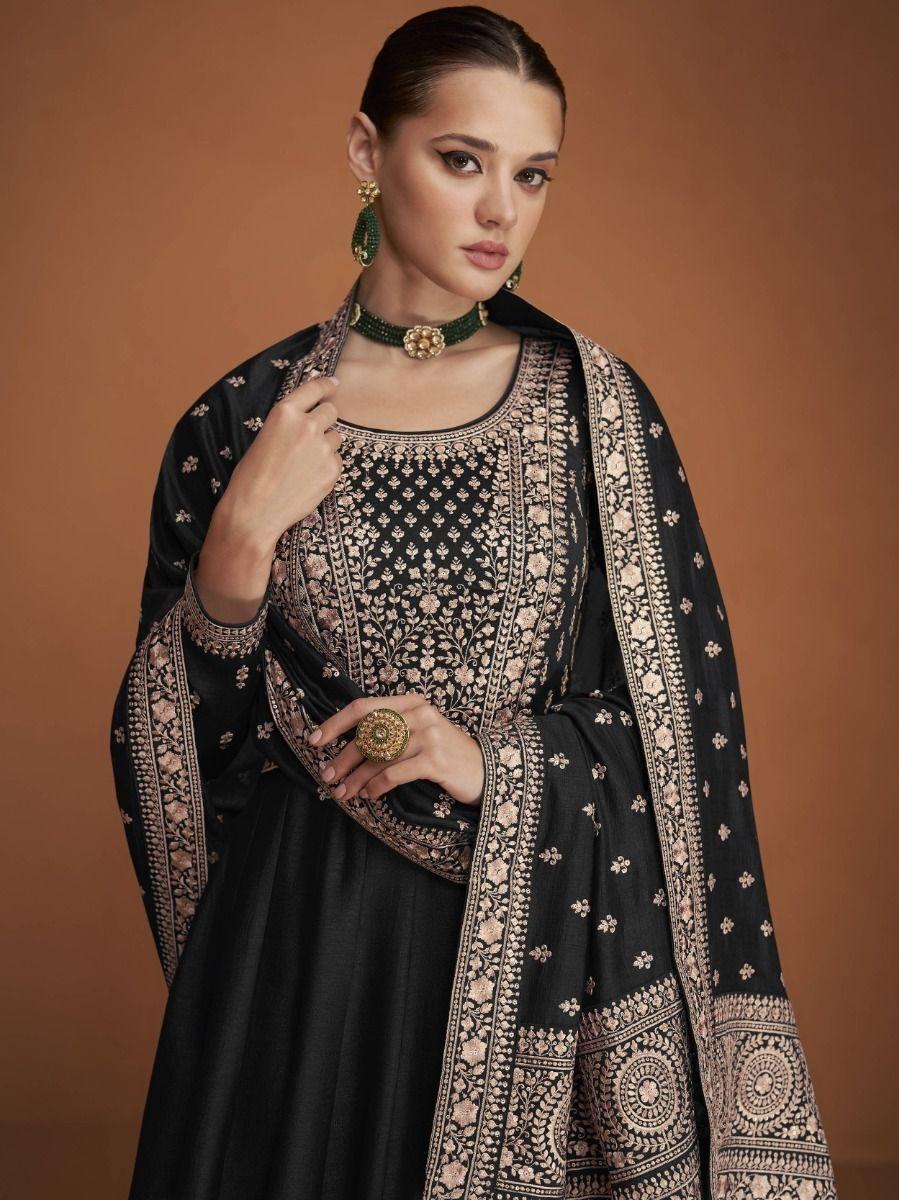 Attractive Black Embroidered Silk Festival Wear Gown