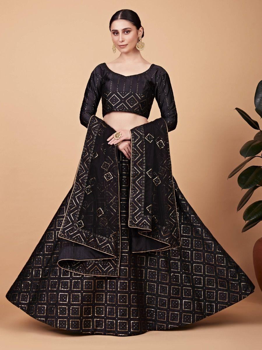 Attractive Black Embroidered Silk Festival Wear Lehenga Choli