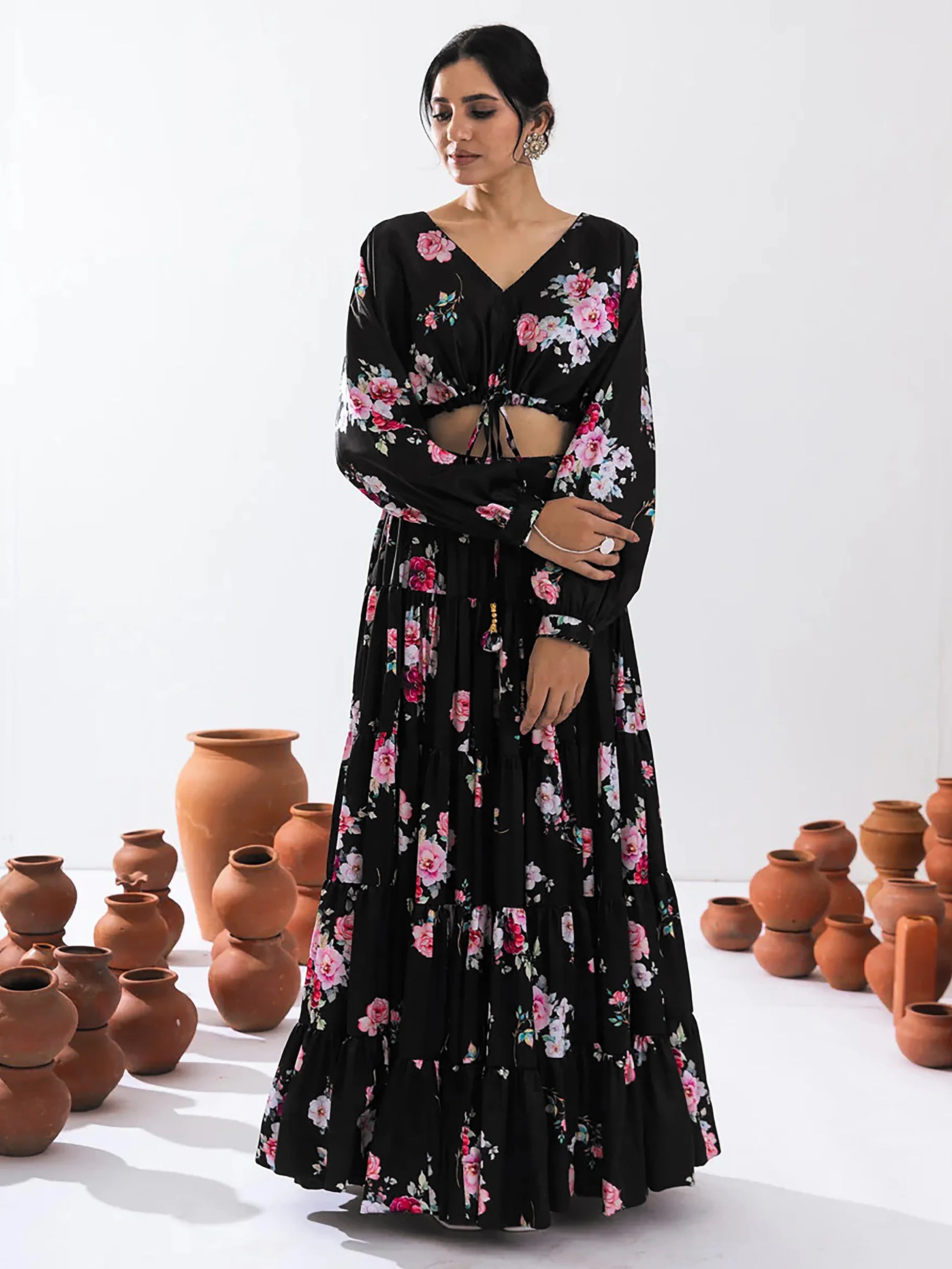 Attractive Black Floral Printed Chinon Party Wear Crop Top Lehenga - Zeel Clothing