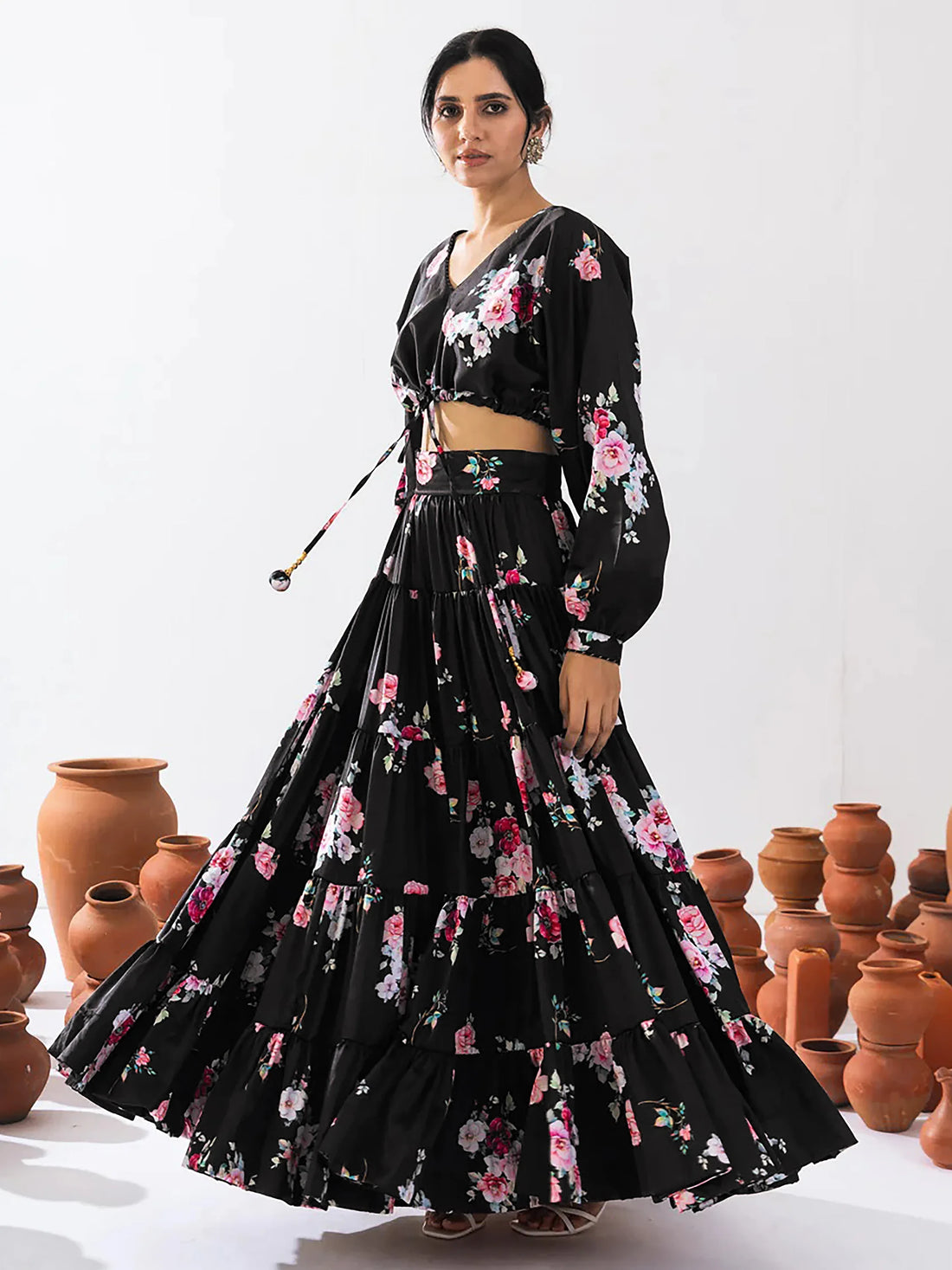 Attractive Black Floral Printed Chinon Party Wear Crop Top Lehenga - Zeel Clothing