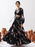 Attractive Black Floral Printed Chinon Party Wear Crop Top Lehenga - Zeel Clothing