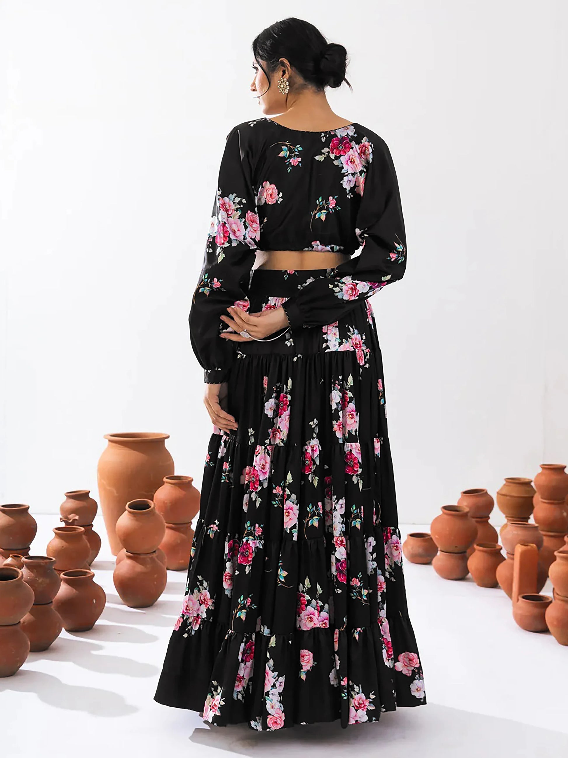 Attractive Black Floral Printed Chinon Party Wear Crop Top Lehenga - Zeel Clothing