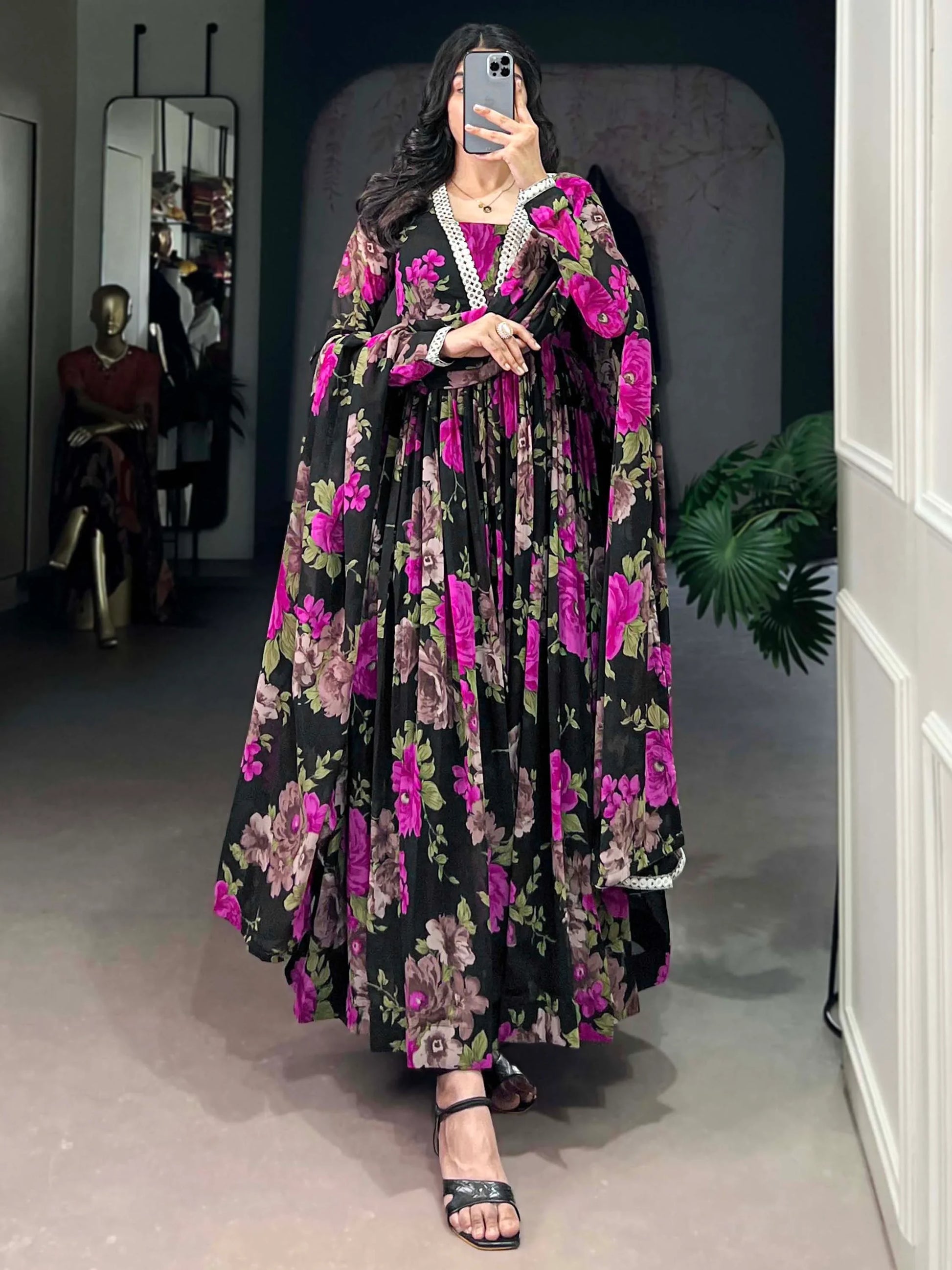 Attractive Black Floral Printed Georgette Event Wear Gown With Dupatta - Zeel Clothing