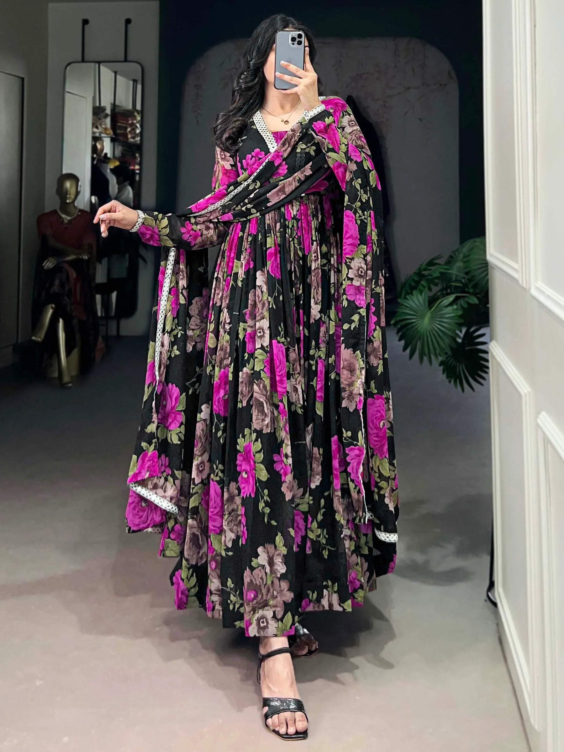 Attractive Black Floral Printed Georgette Event Wear Gown With Dupatta - Zeel Clothing