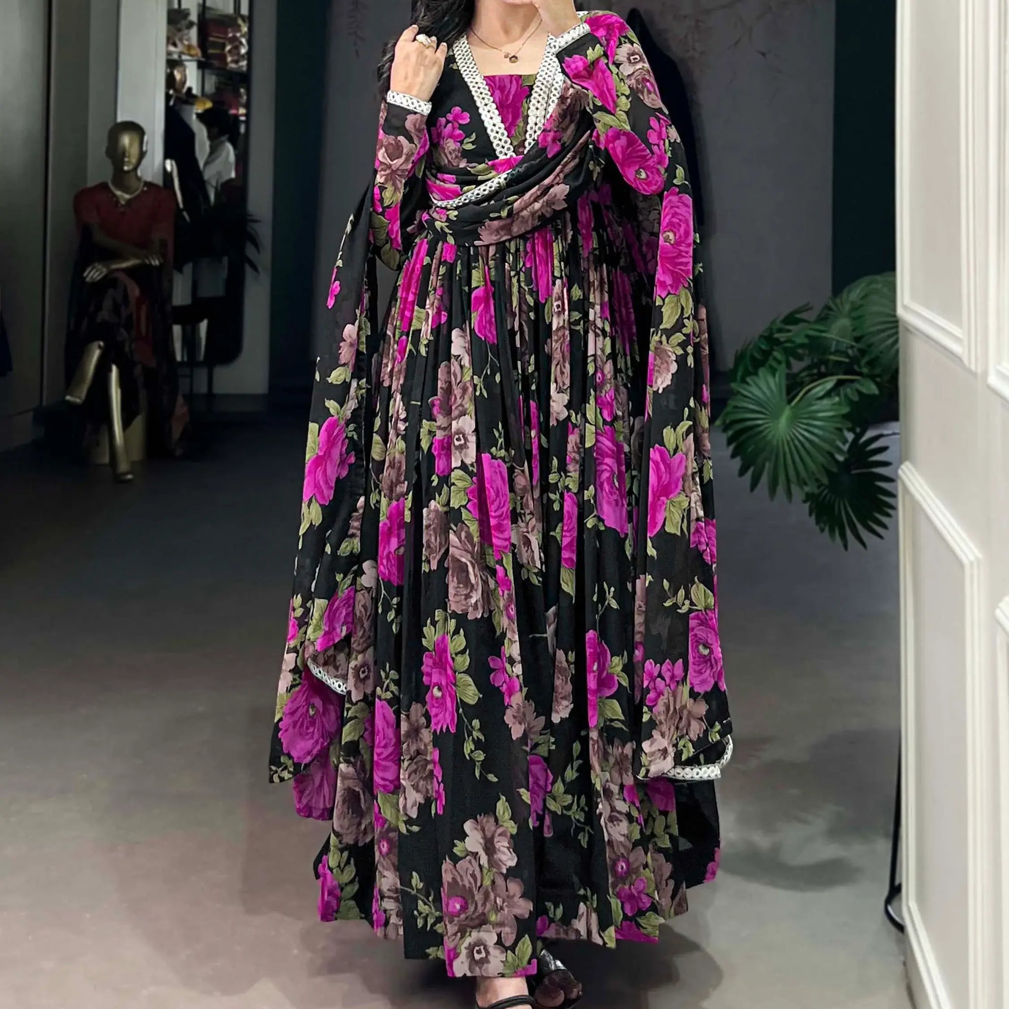 Attractive Black Floral Printed Georgette Event Wear Gown With Dupatta - Zeel Clothing