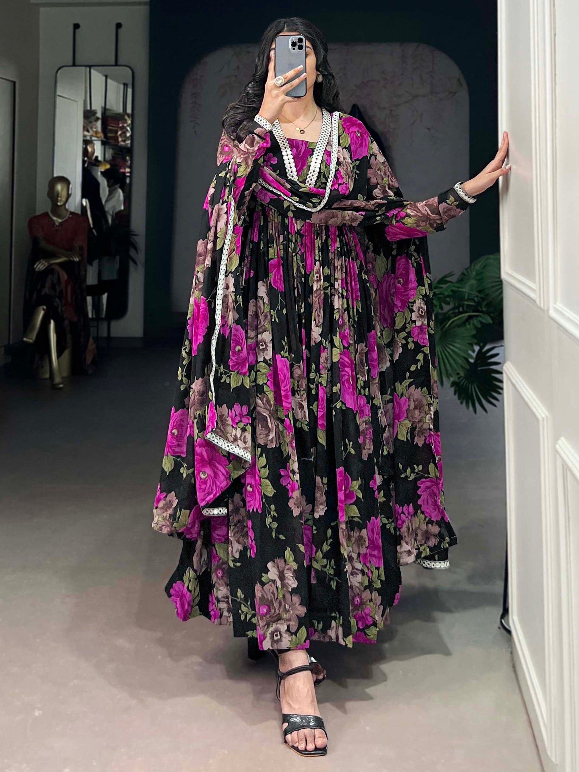 Attractive Black Floral Printed Georgette Event Wear Gown With Dupatta - Zeel Clothing