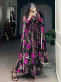 Attractive Black Floral Printed Georgette Event Wear Gown With Dupatta - Zeel Clothing