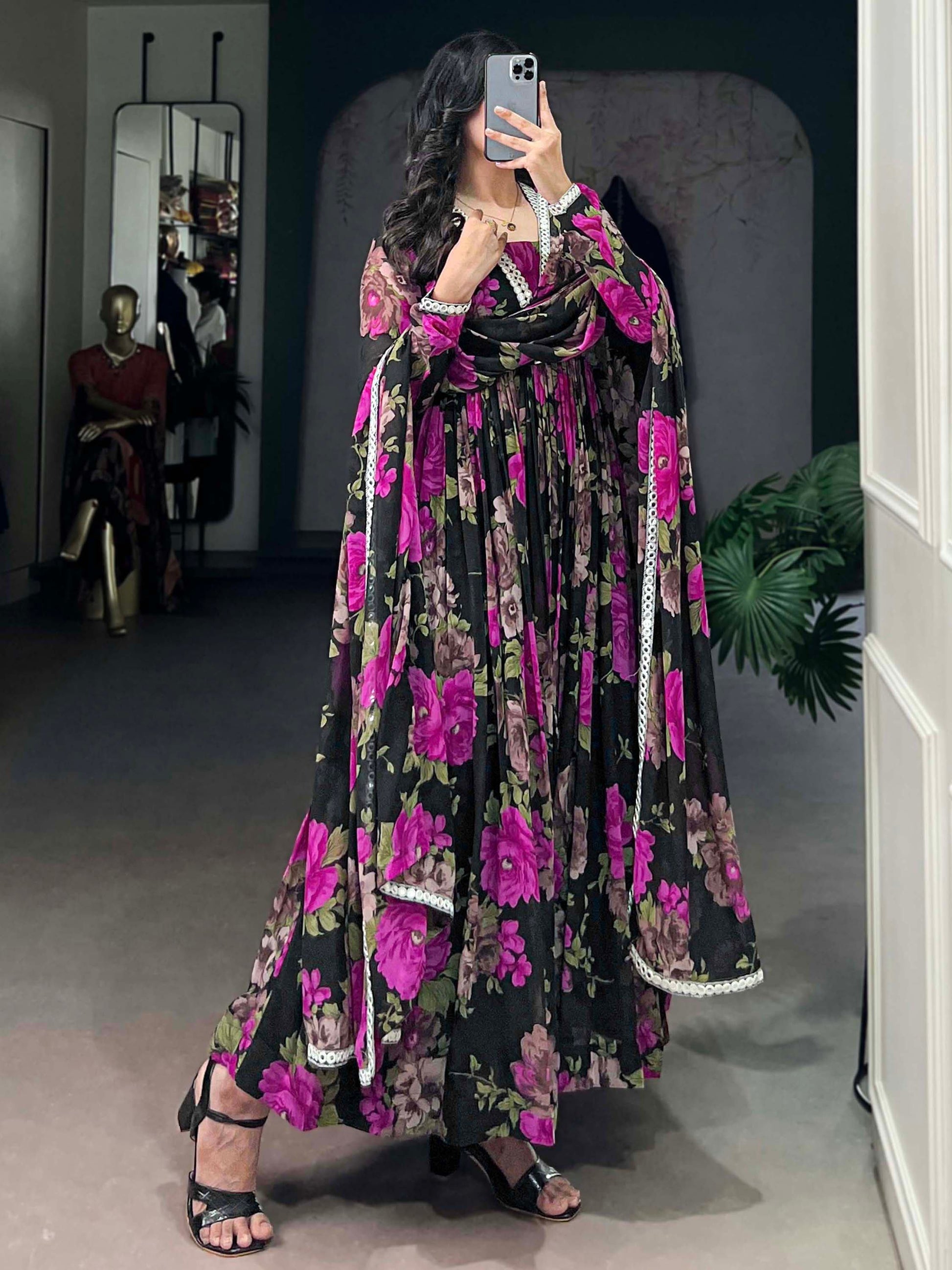 Attractive Black Floral Printed Georgette Event Wear Gown With Dupatta - Zeel Clothing