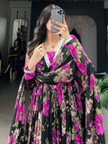 Attractive Black Floral Printed Georgette Event Wear Gown With Dupatta - Zeel Clothing