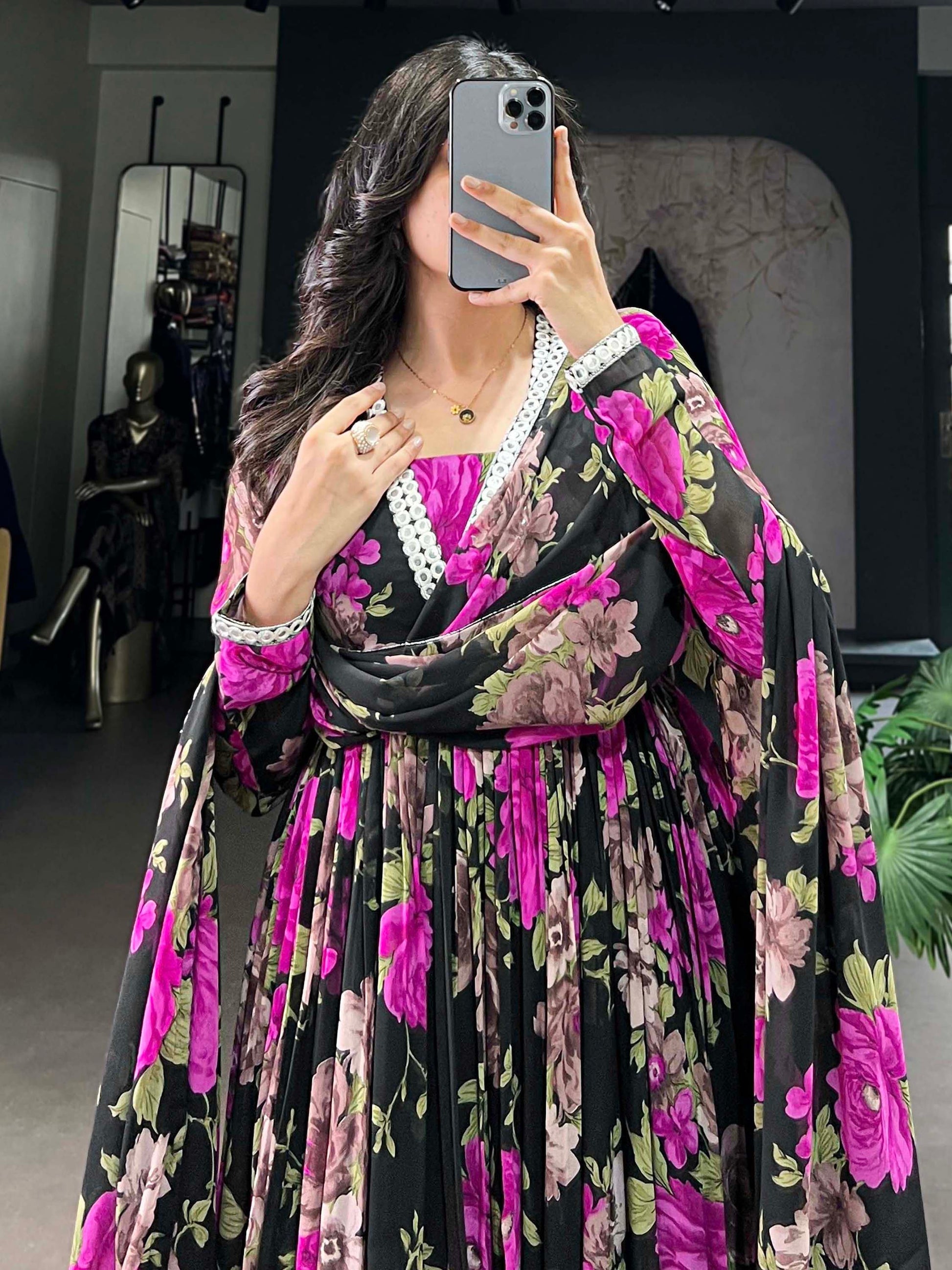 Attractive Black Floral Printed Georgette Event Wear Gown With Dupatta - Zeel Clothing