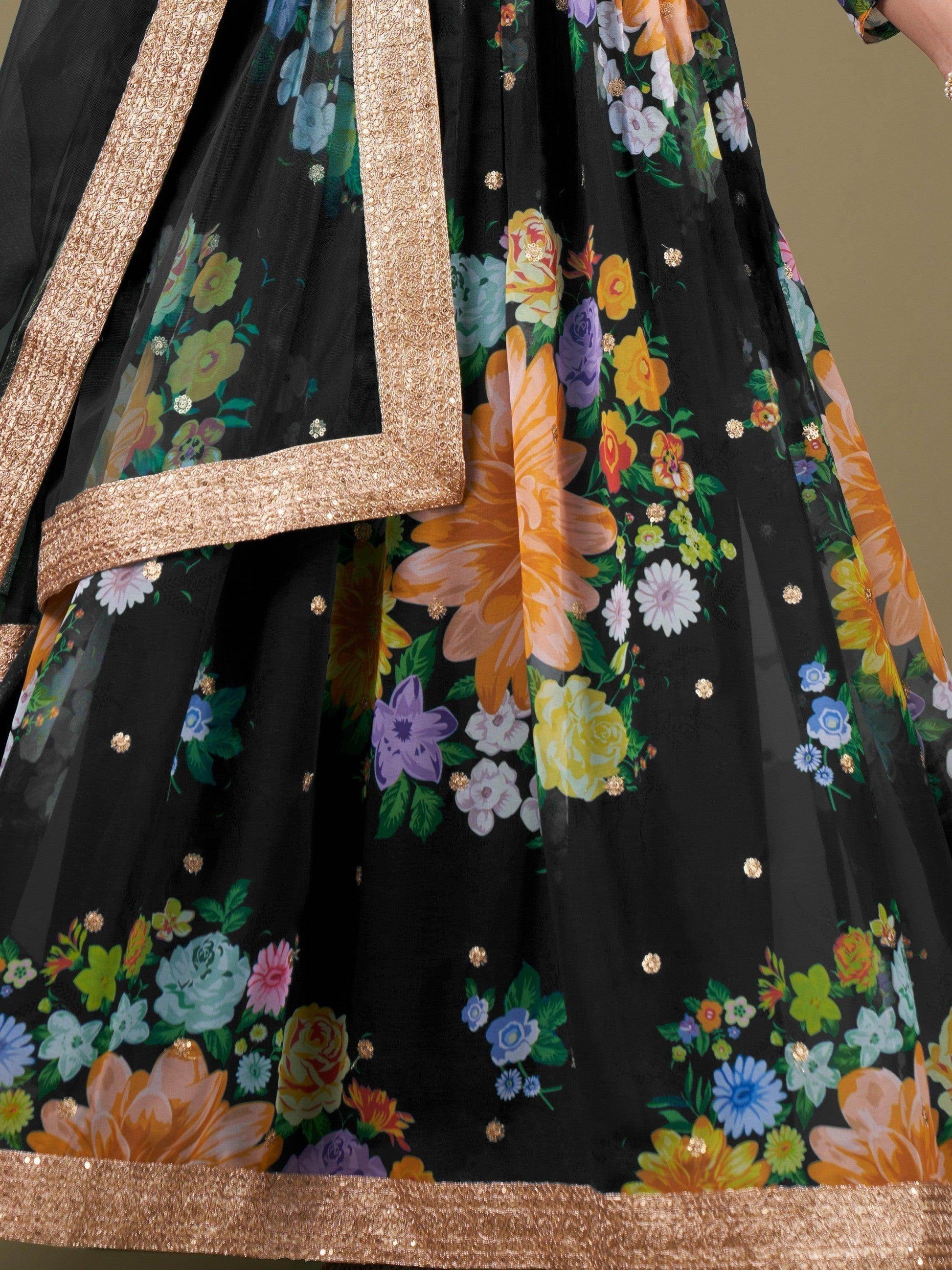 Attractive Black Floral Printed Georgette Gown With Dupatta - Zeel Clothing