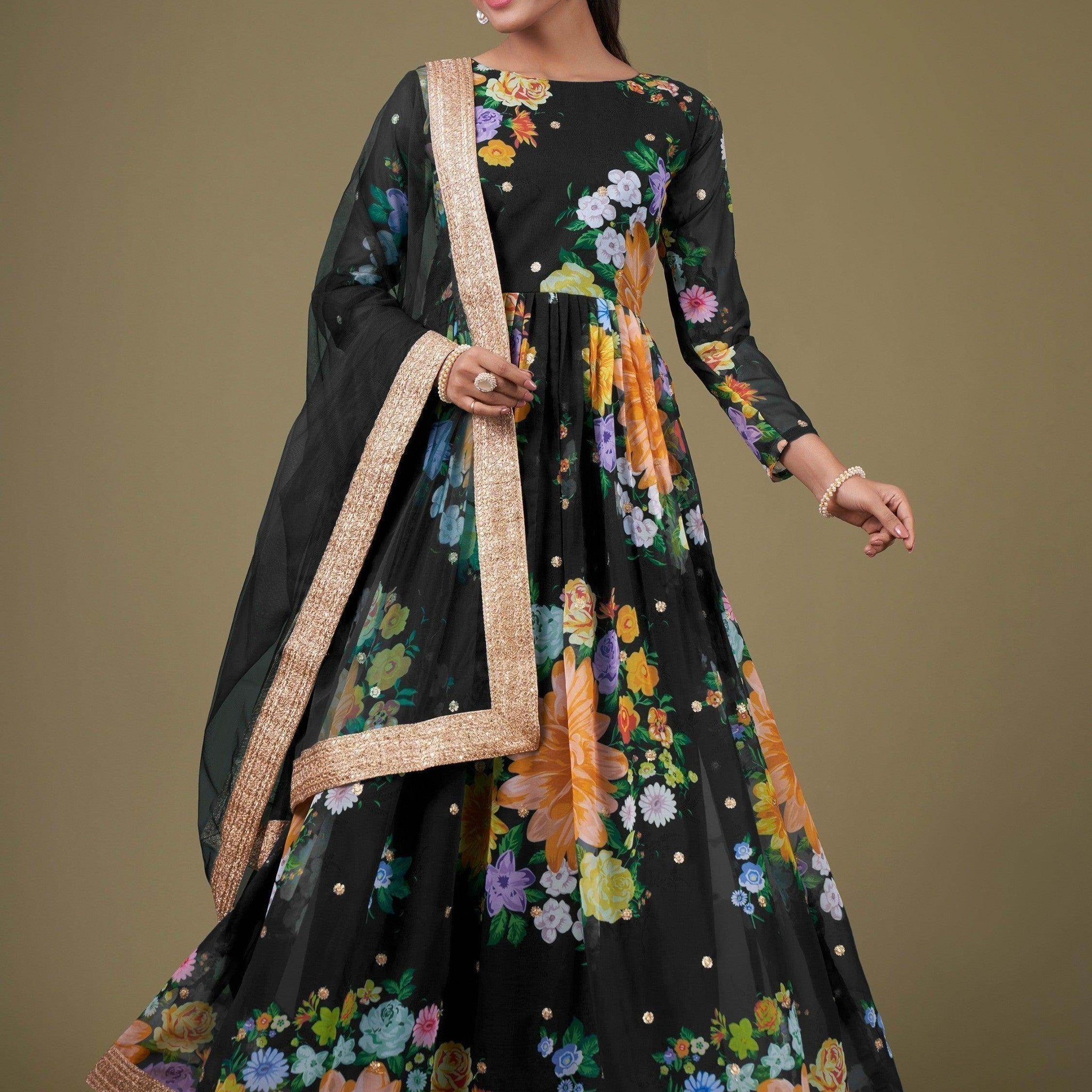 Attractive Black Floral Printed Georgette Gown With Dupatta - Zeel Clothing