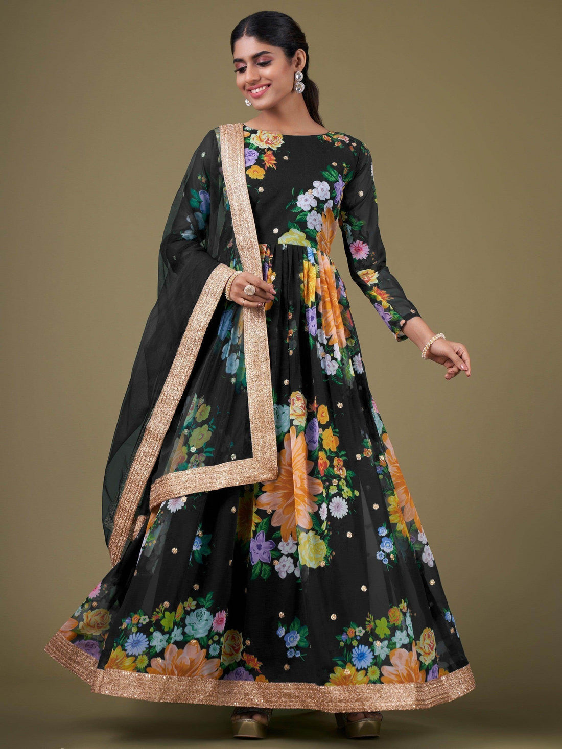 Attractive Black Floral Printed Georgette Gown With Dupatta - Zeel Clothing