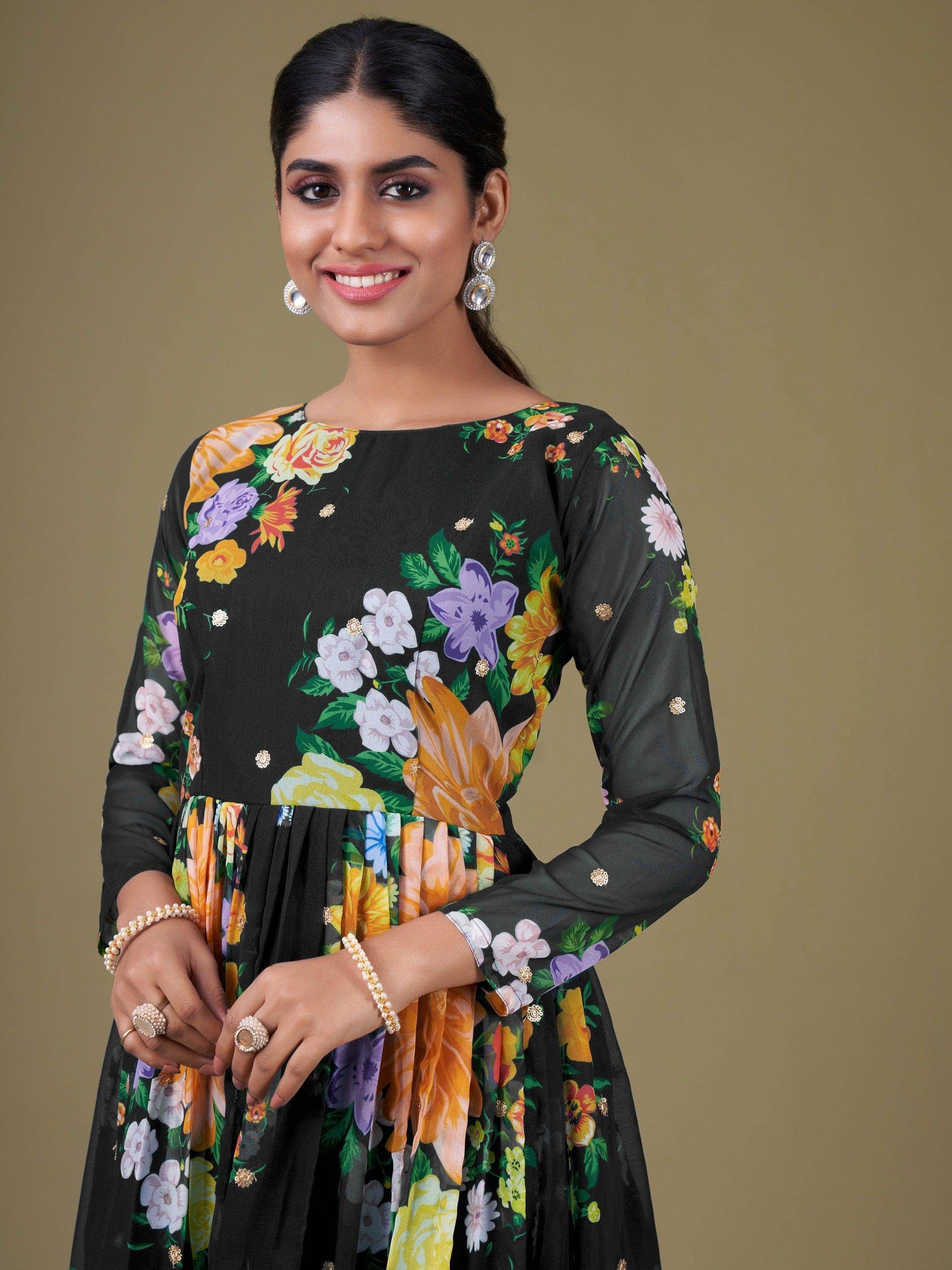 Attractive Black Floral Printed Georgette Gown With Dupatta - Zeel Clothing