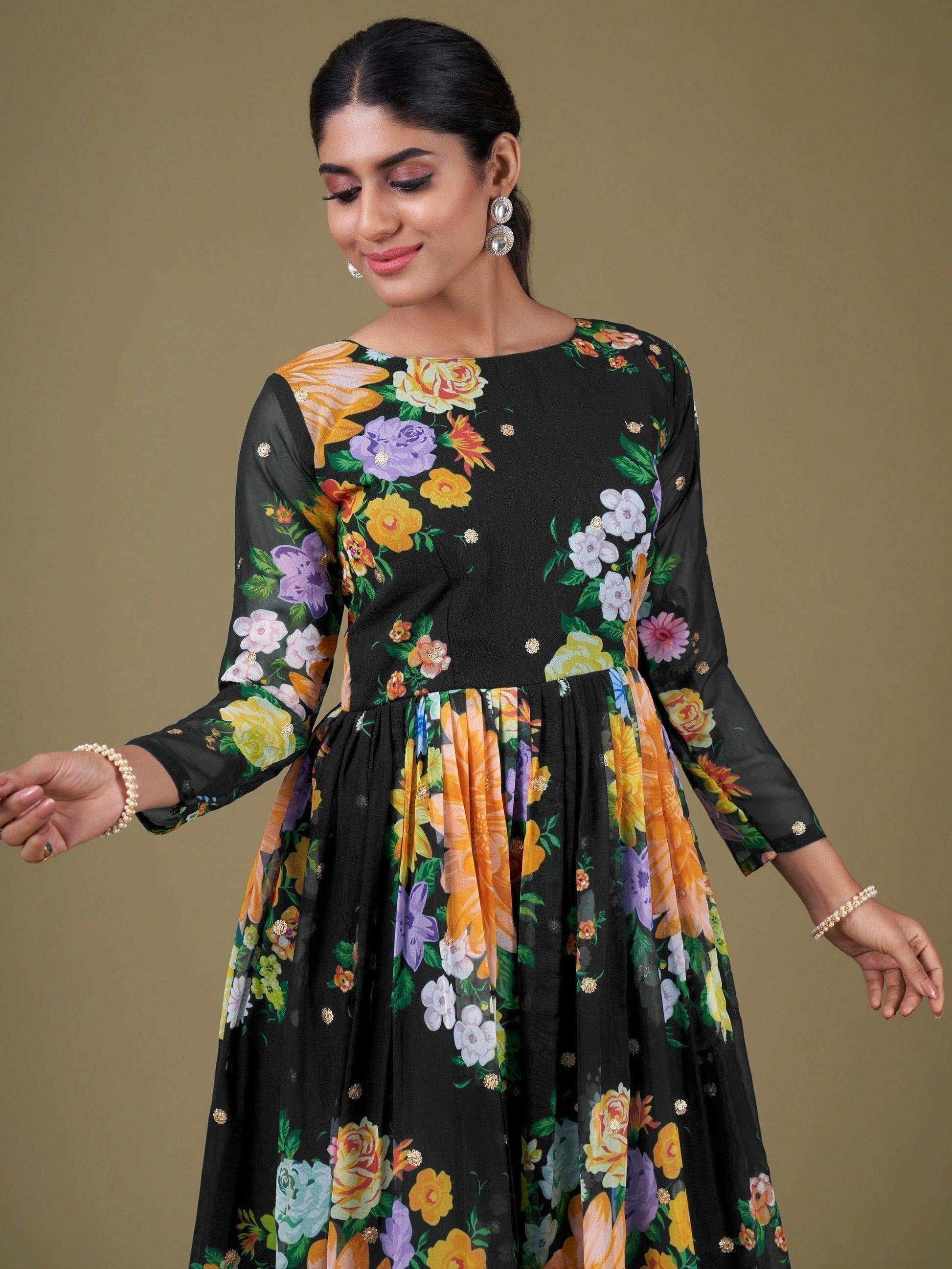 Attractive Black Floral Printed Georgette Gown With Dupatta - Zeel Clothing