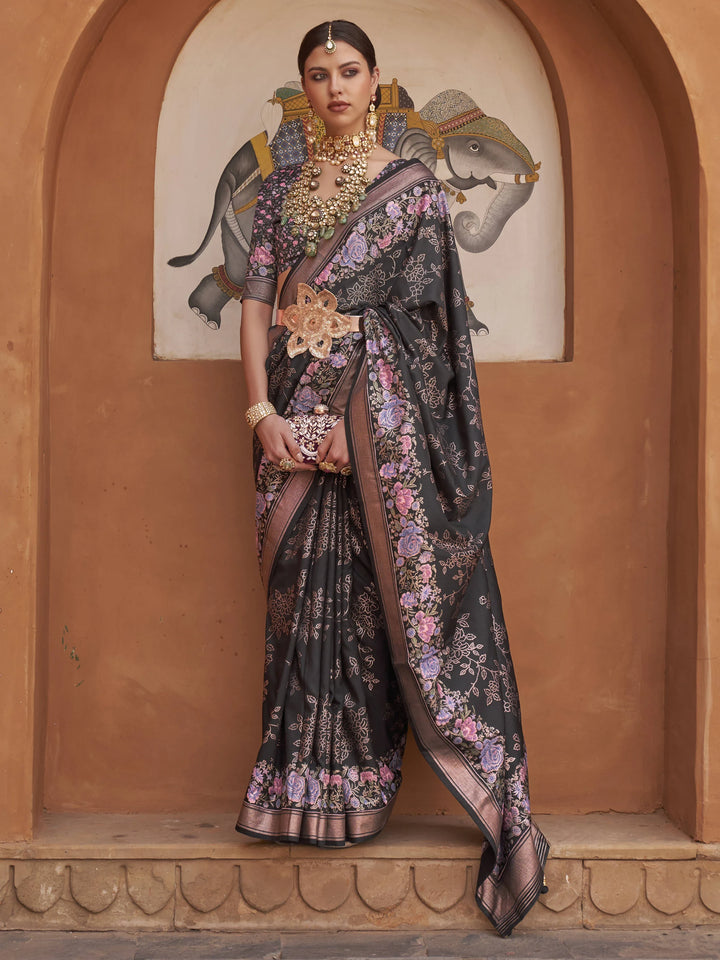 Attractive Black Floral Printed Silk Party Wear Saree With Blouse - Zeel Clothing