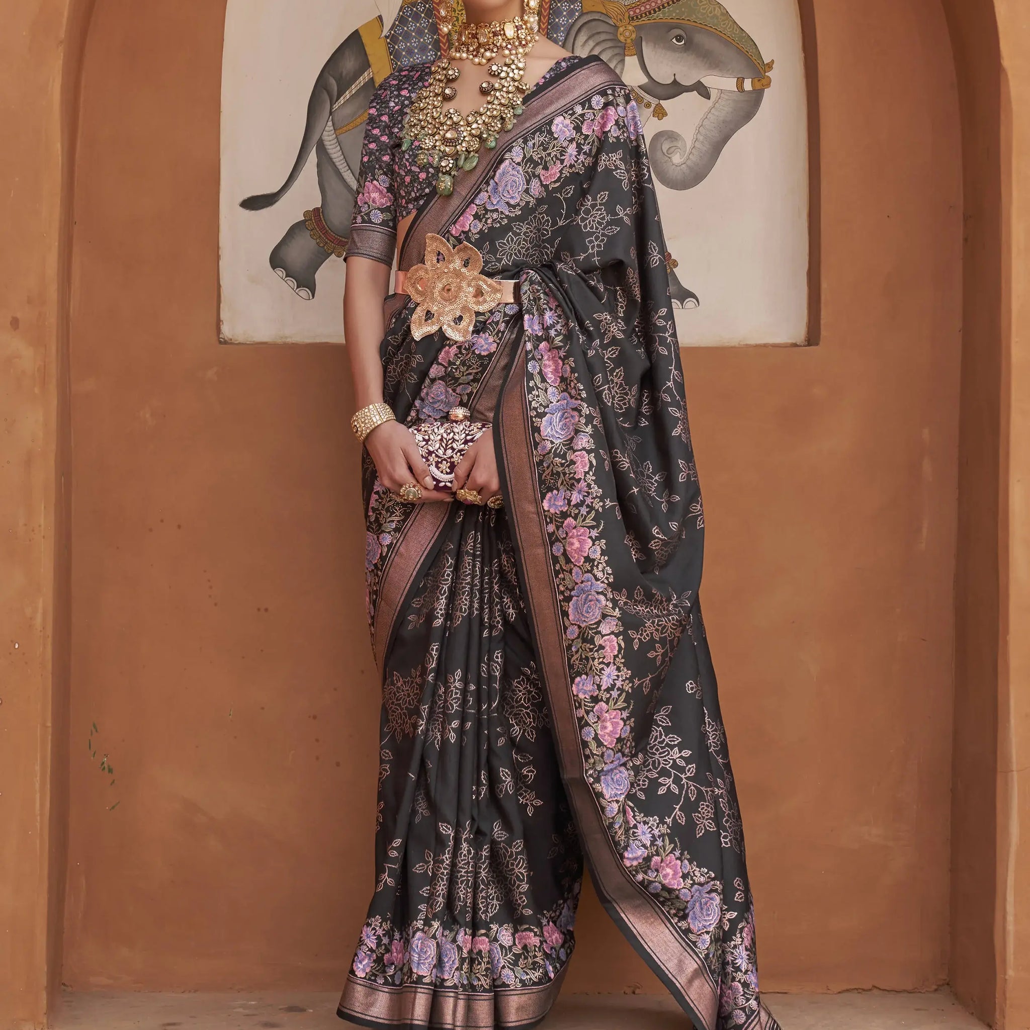 Attractive Black Floral Printed Silk Party Wear Saree With Blouse - Zeel Clothing