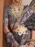 Attractive Black Floral Printed Silk Party Wear Saree With Blouse - Zeel Clothing