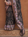 Attractive Black Floral Printed Silk Party Wear Saree With Blouse - Zeel Clothing