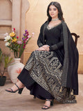 Attractive Black Foil Printed Silk Anarkali Suit Palazzo With Dupatta - Zeel Clothing