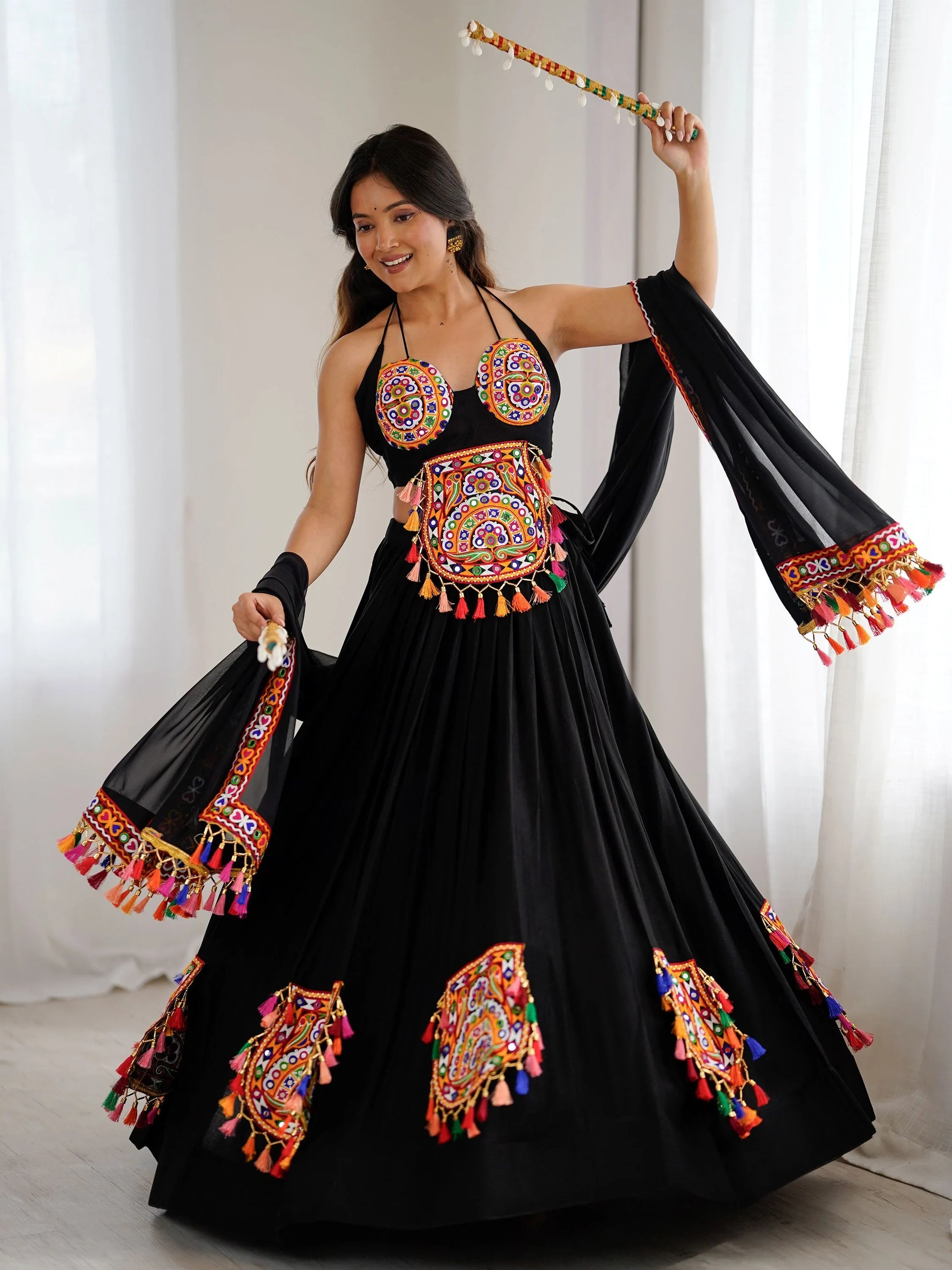 Attractive Black Gamthi Work Rayon Navratri Special Lehenga Choli With Dupatta