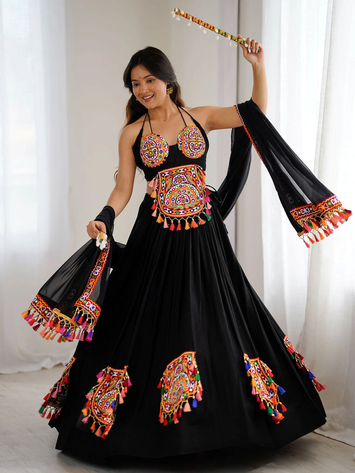 Attractive Black Gamthi Work Rayon Navratri Special Lehenga Choli With Dupatta