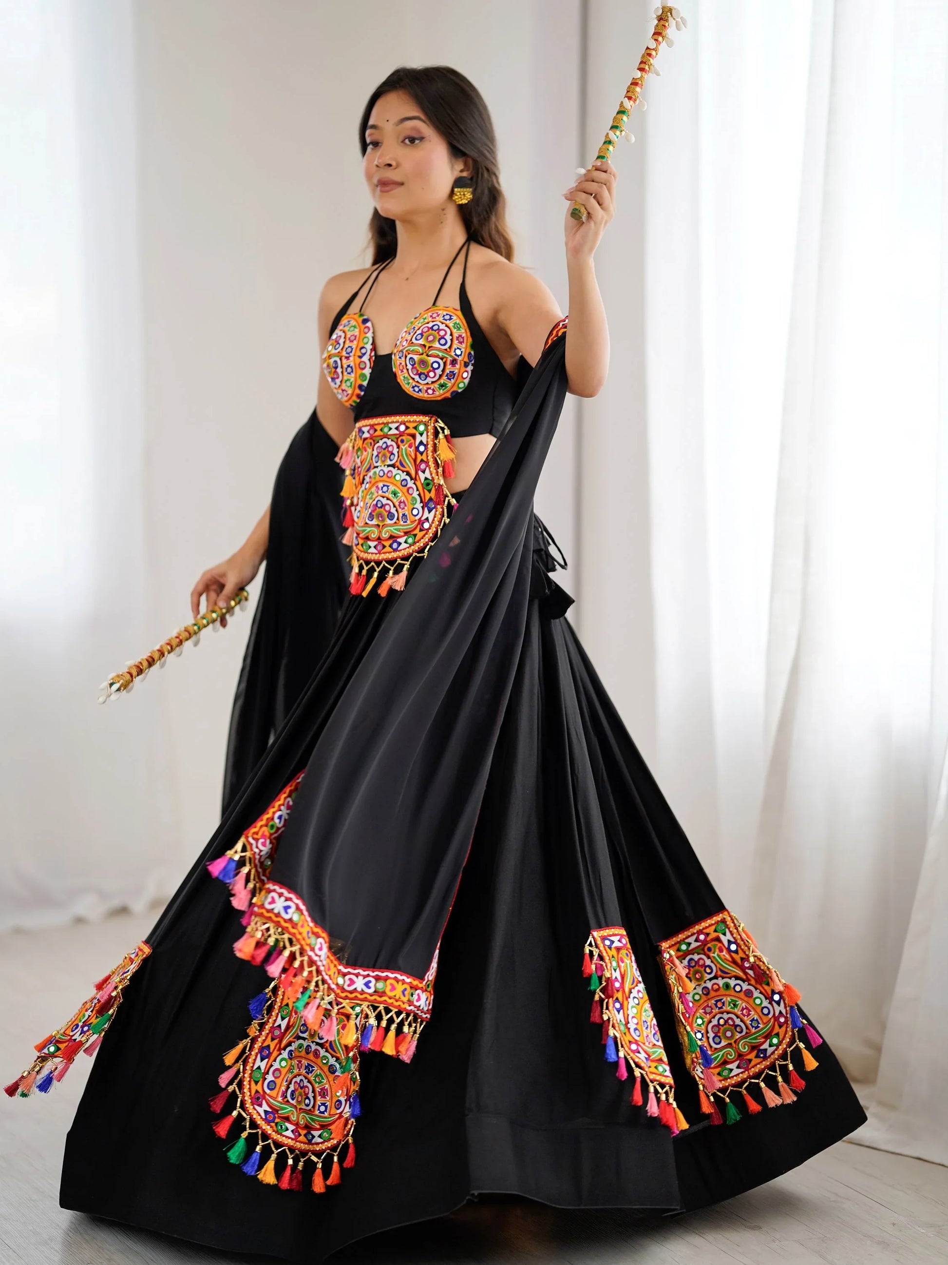 Attractive Black Gamthi Work Rayon Navratri Special Lehenga Choli With Dupatta