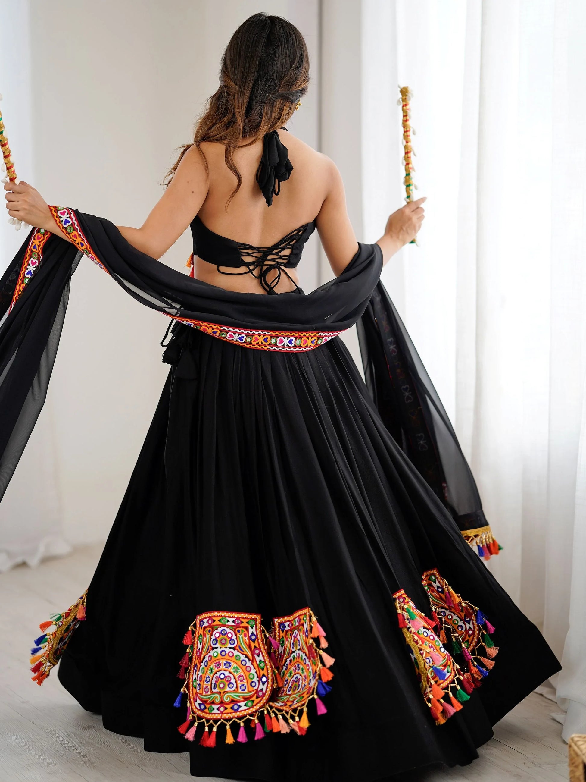 Attractive Black Gamthi Work Rayon Navratri Special Lehenga Choli With Dupatta