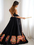 Attractive Black Gamthi Work Rayon Navratri Special Lehenga Choli With Dupatta