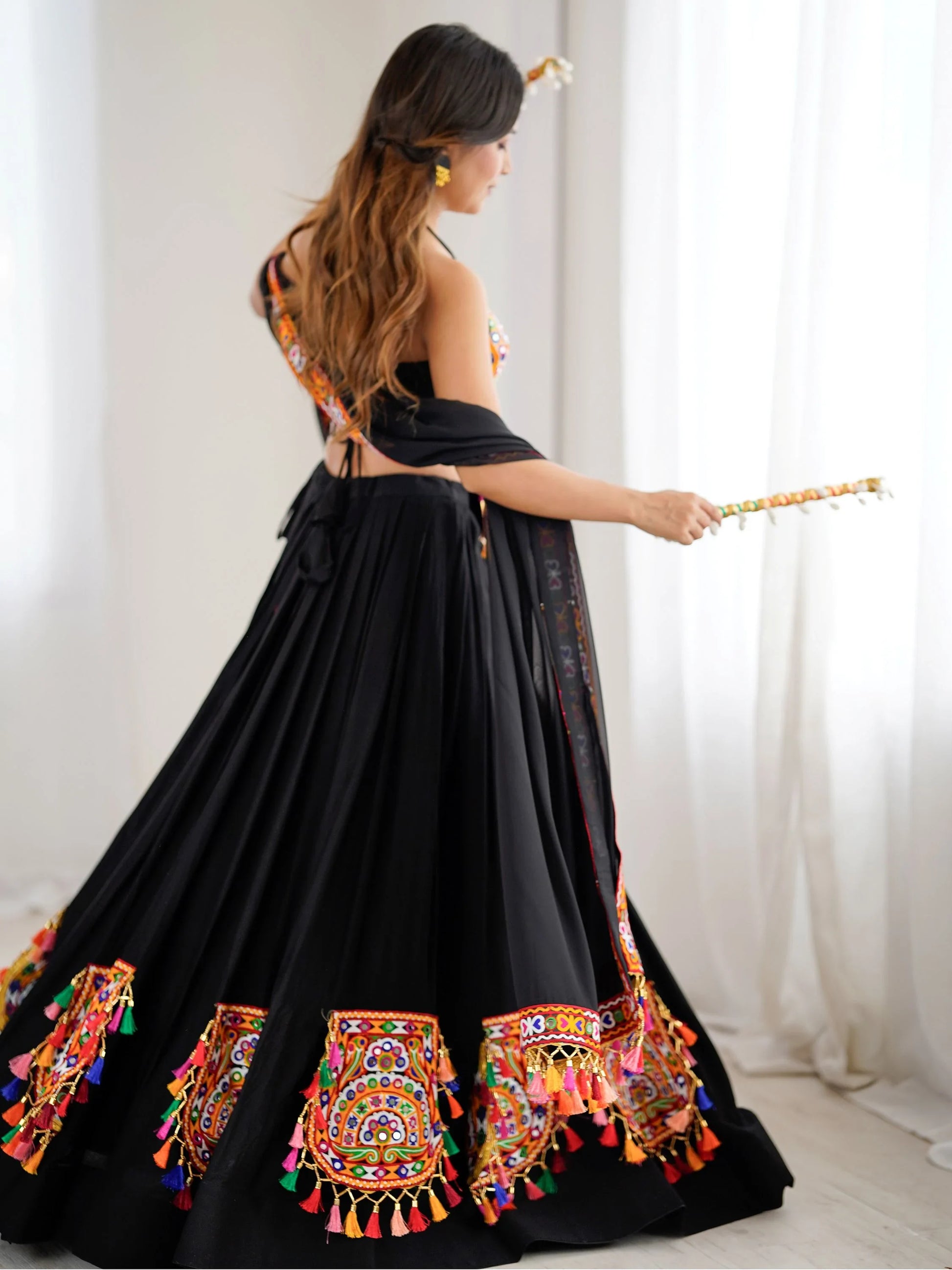 Attractive Black Gamthi Work Rayon Navratri Special Lehenga Choli With Dupatta