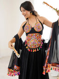 Attractive Black Gamthi Work Rayon Navratri Special Lehenga Choli With Dupatta
