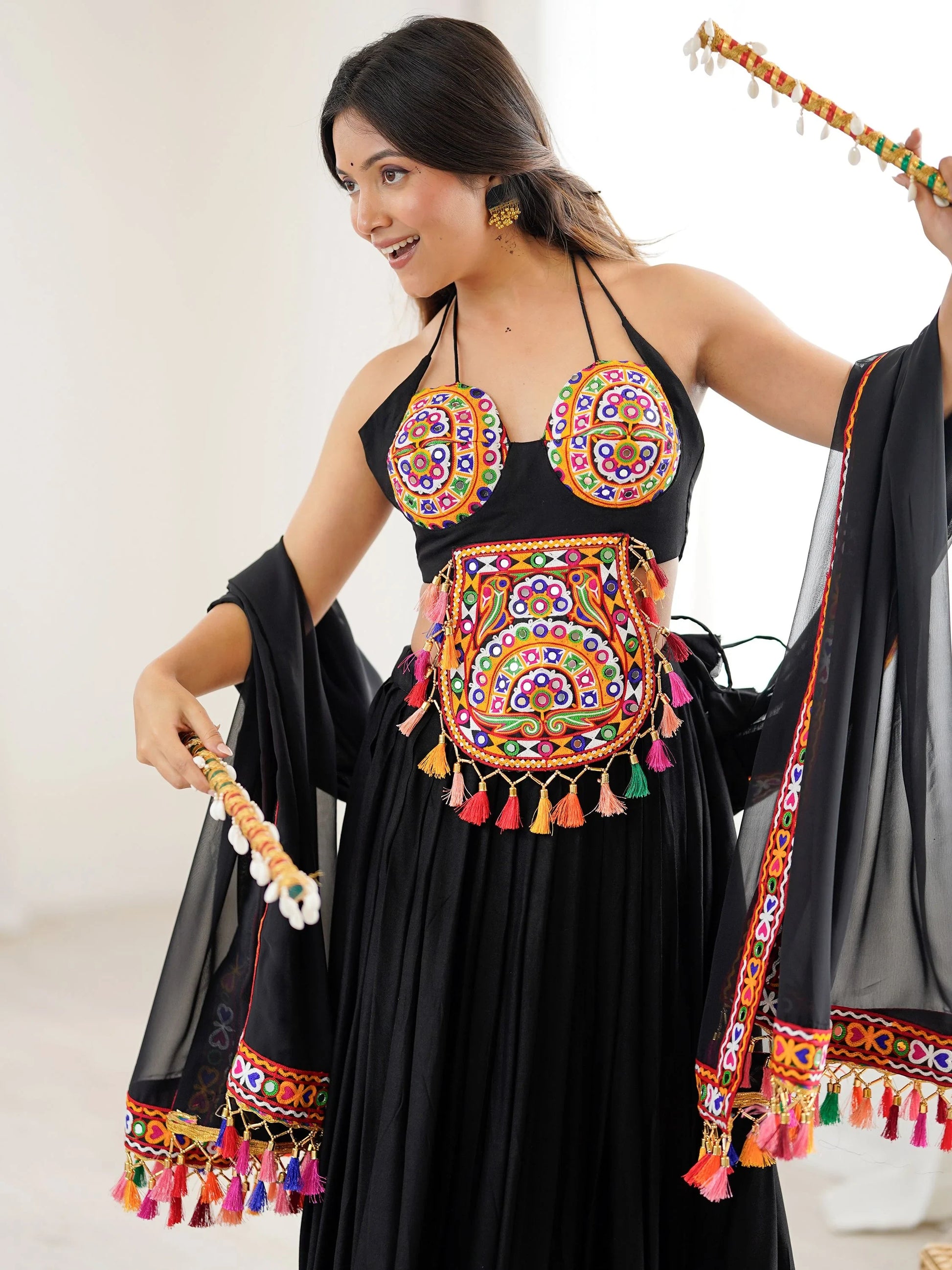 Attractive Black Gamthi Work Rayon Navratri Special Lehenga Choli With Dupatta