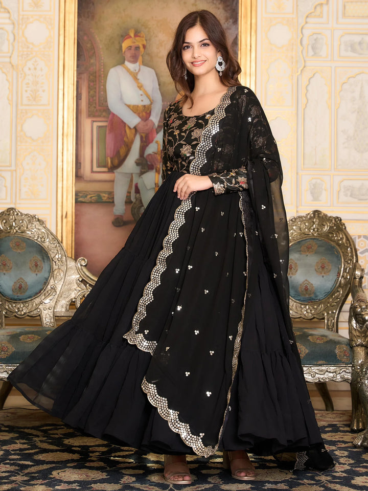 Attractive Black Georgette Reception Wear Gown With Dupatta - Zeel Clothing