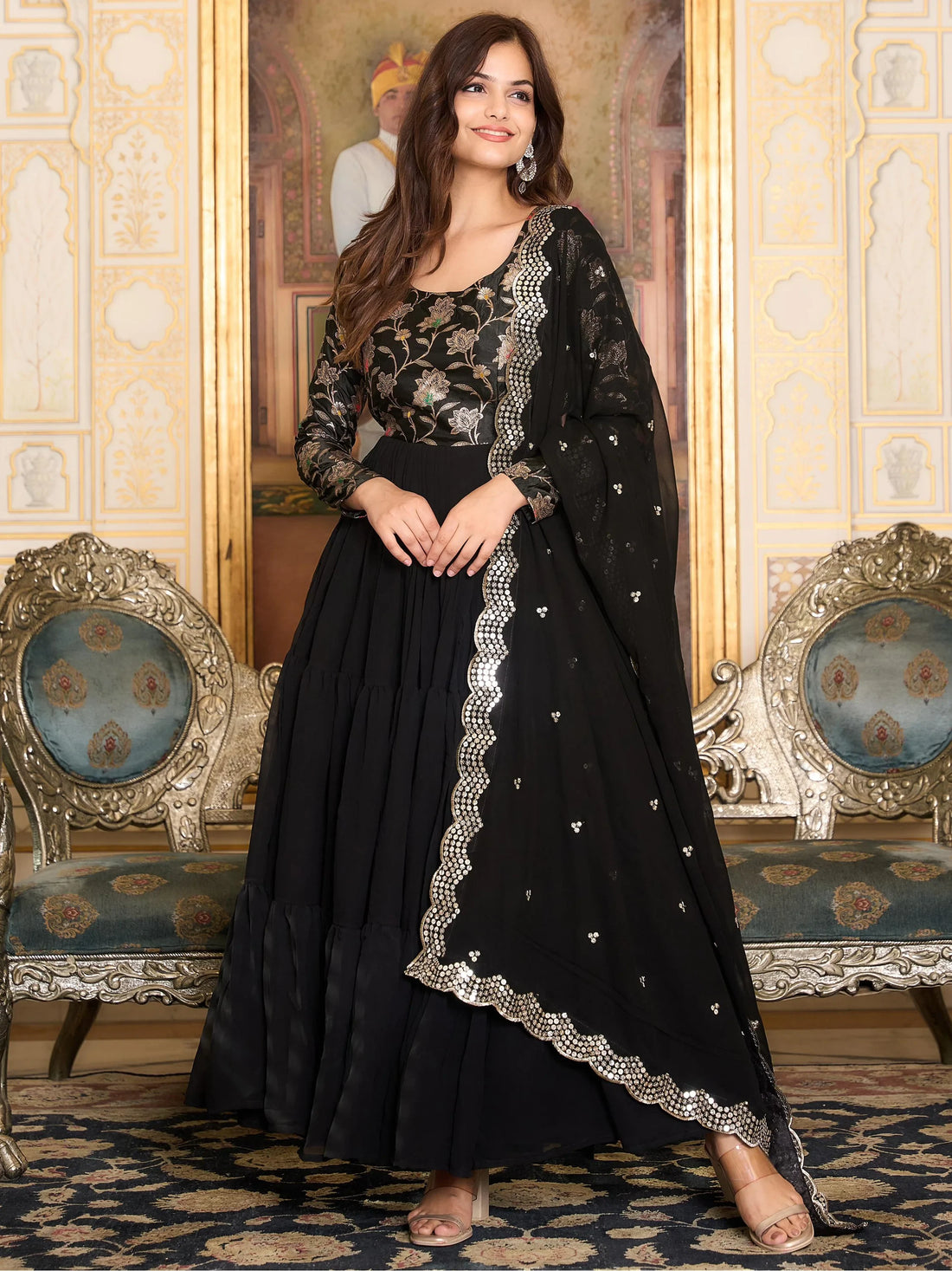 Attractive Black Georgette Reception Wear Gown With Dupatta - Zeel Clothing