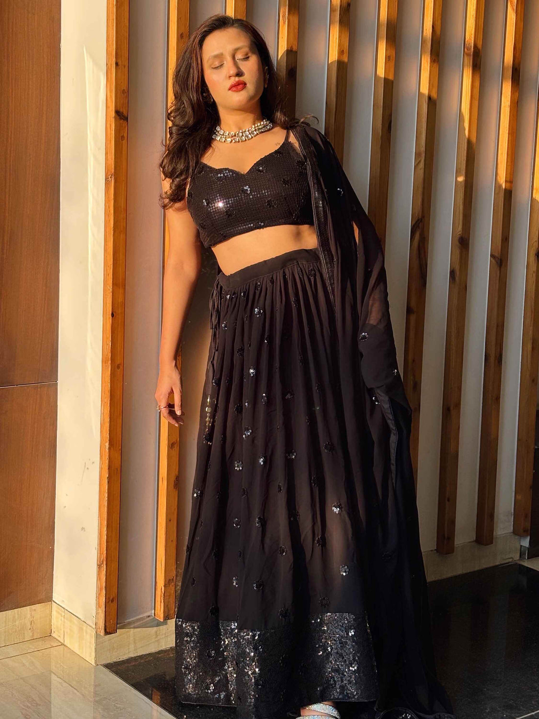 Attractive Black Sequins Georgette Party Wear Lehenga Choli - Zeel Clothing