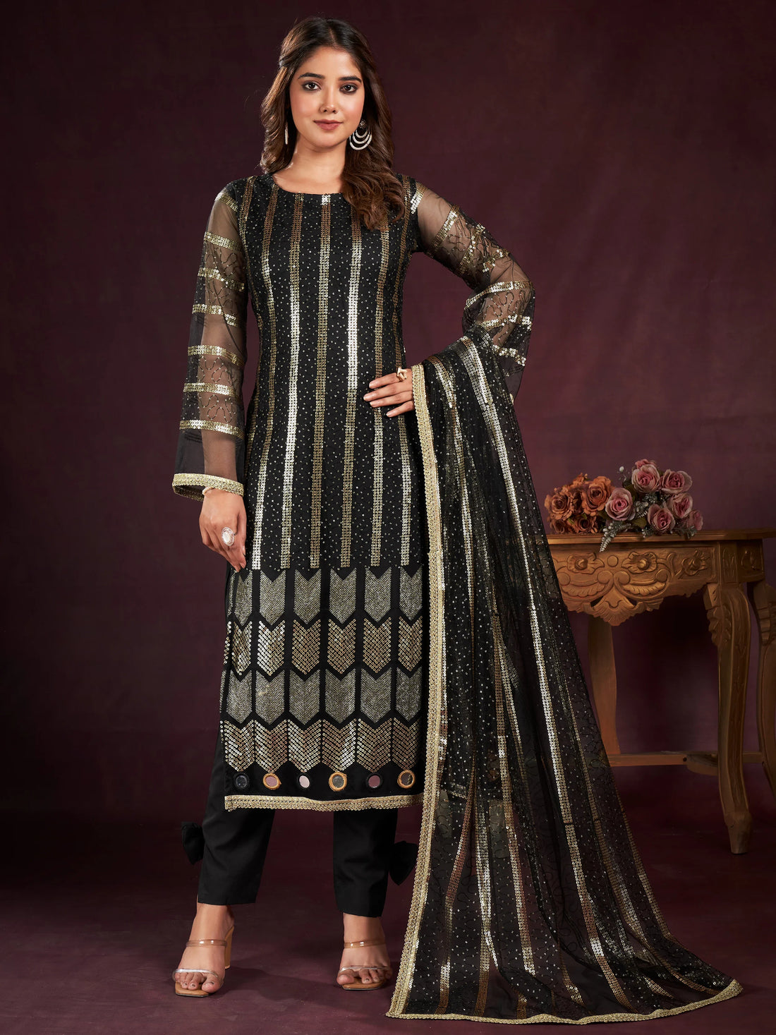 Attractive Black Sequins Net Reception Wear Salwar Kameez With Dupatta - Zeel Clothing