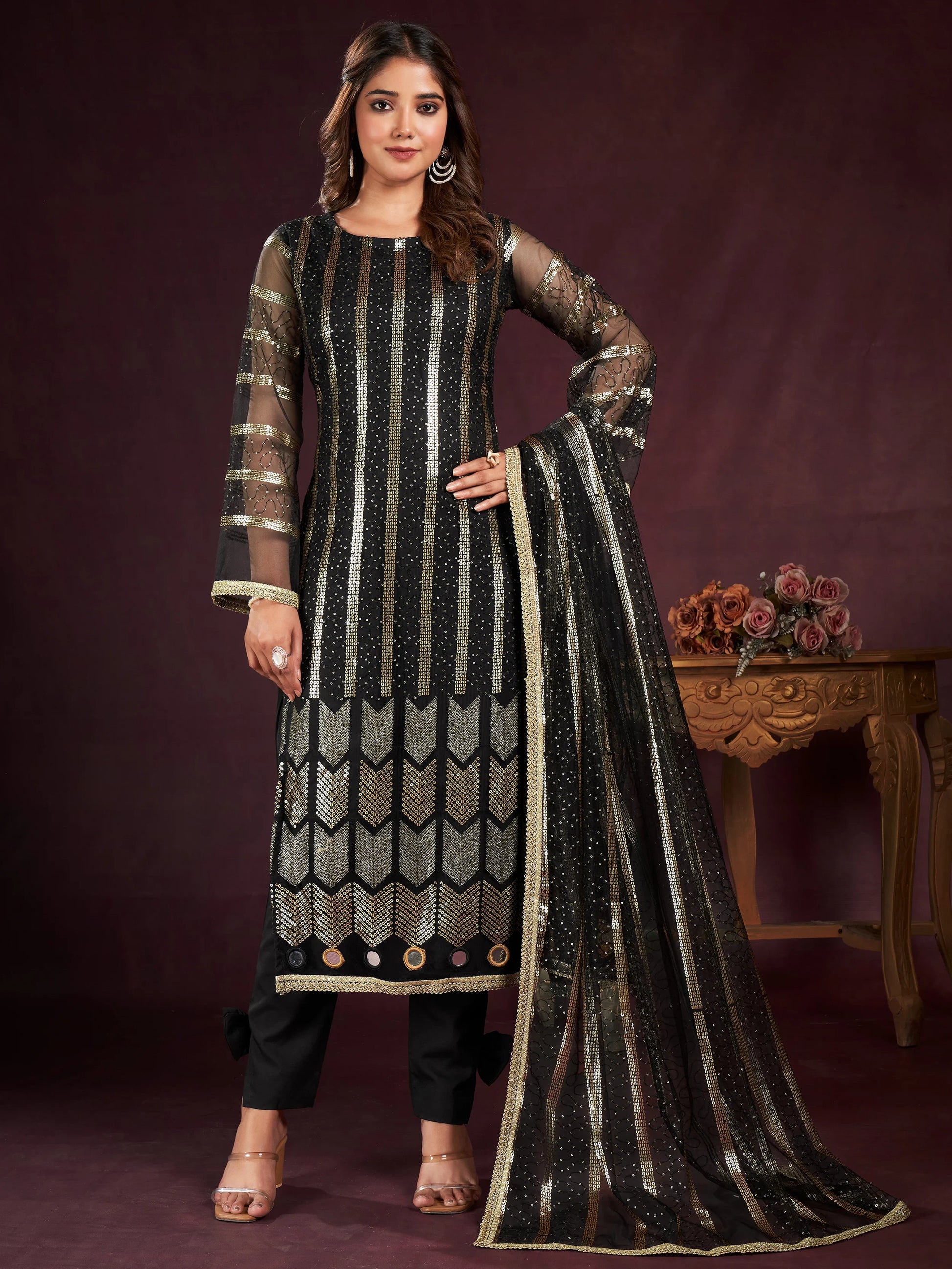 Attractive Black Sequins Net Reception Wear Salwar Kameez With Dupatta - Zeel Clothing