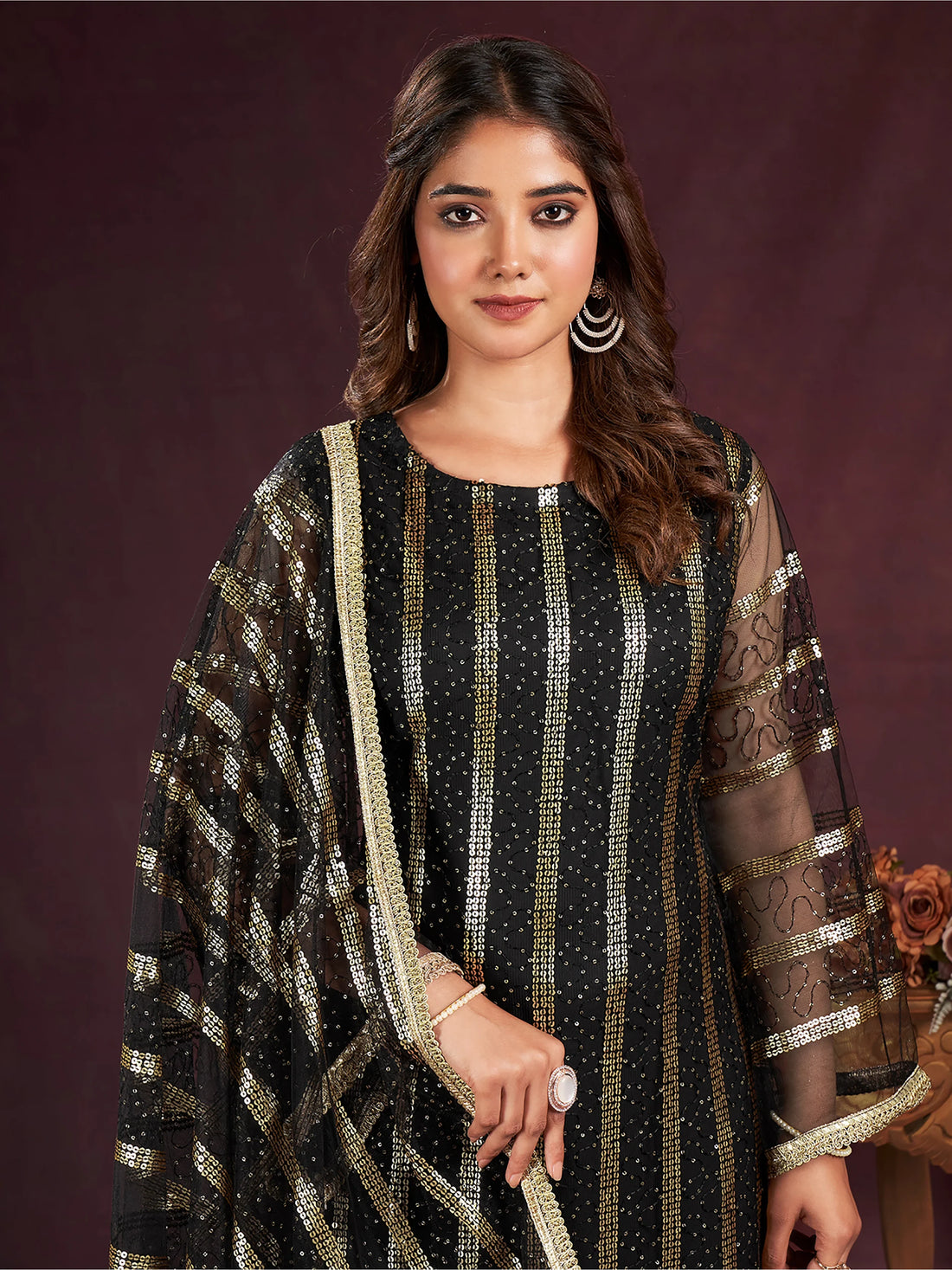 Attractive Black Sequins Net Reception Wear Salwar Kameez With Dupatta - Zeel Clothing