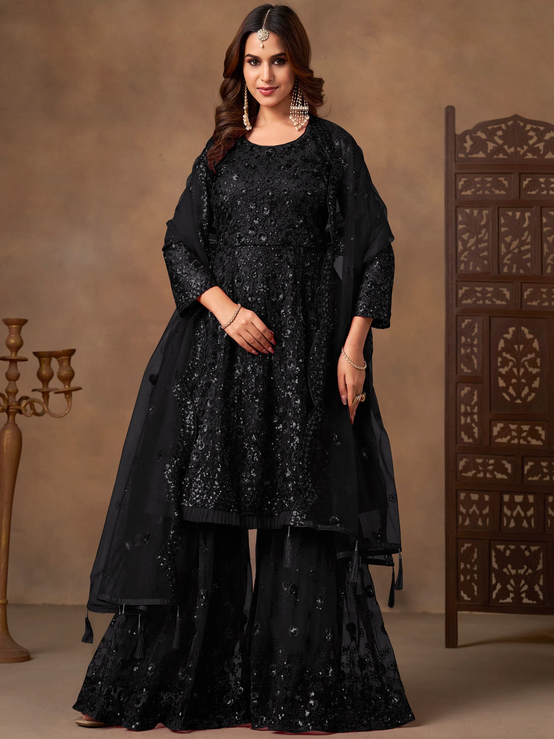 Attractive Black Sequins Work Net Festive Wear Sharara Suit