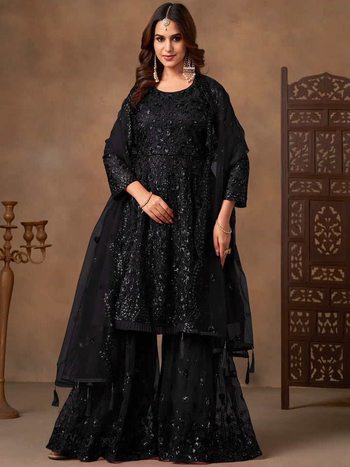 Attractive Black Sequins Work Net Festive Wear Sharara Suit