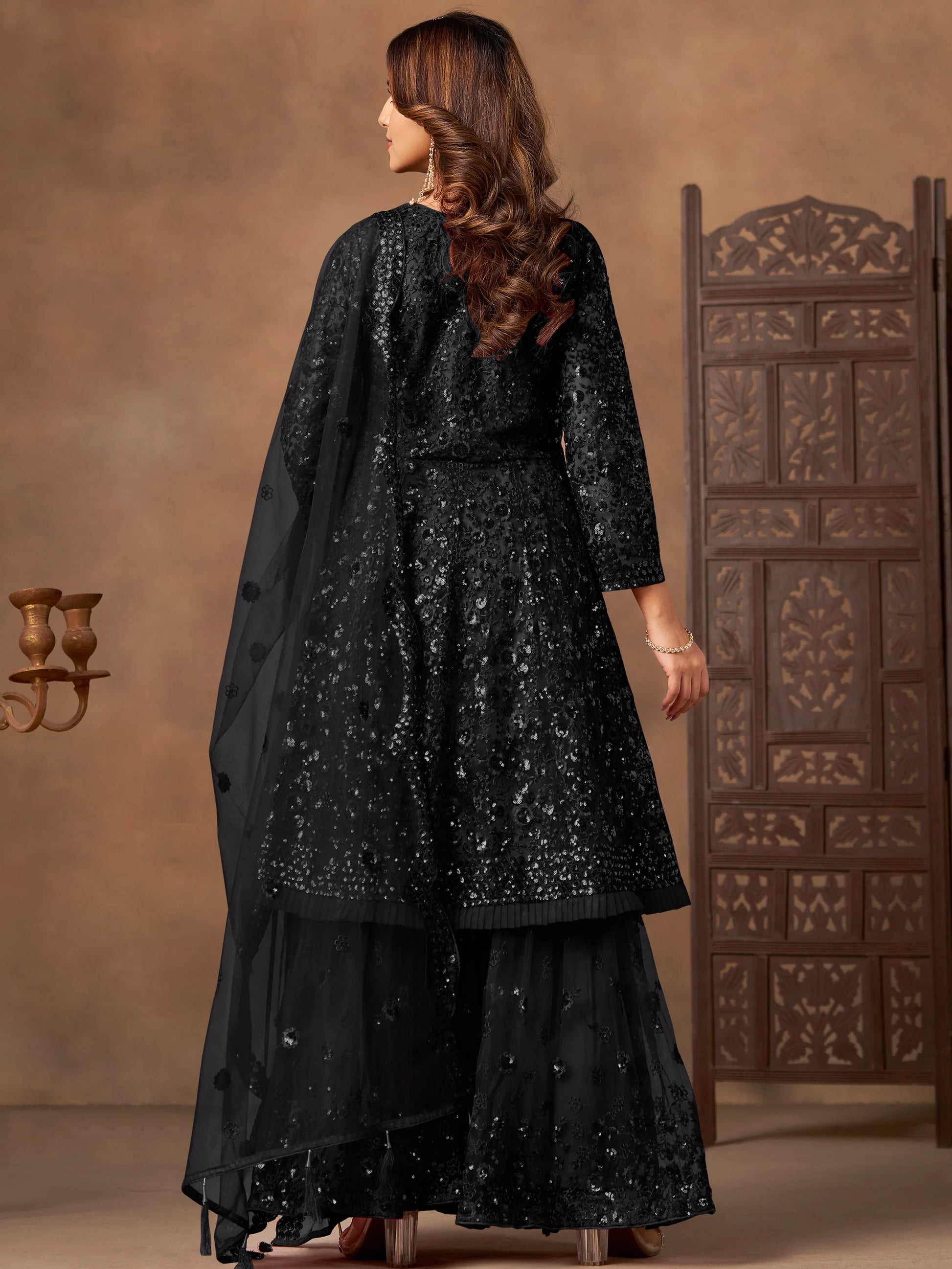 Attractive Black Sequins Work Net Festive Wear Sharara Suit