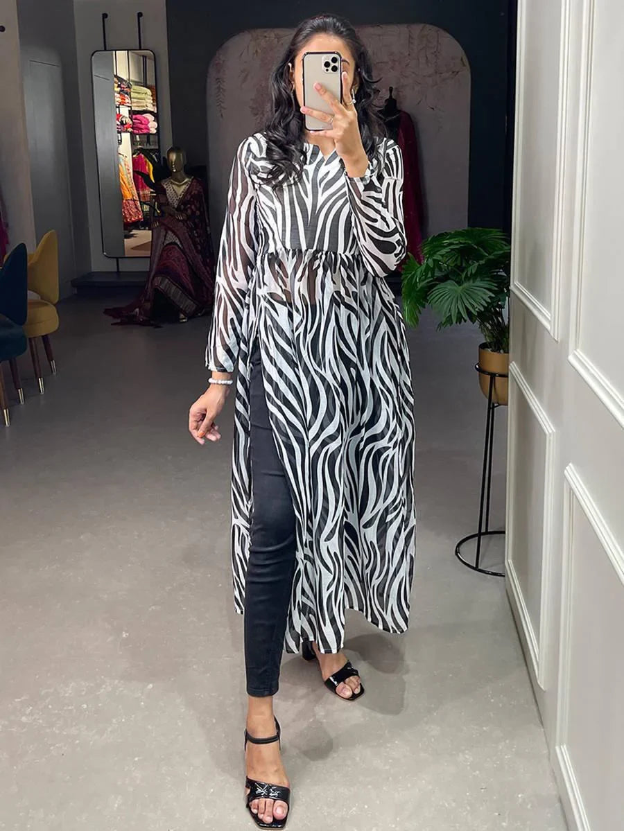 Attractive Black-White Animal Printed Chiffon Nayra Cut Traditional Kurti - Zeel Clothing