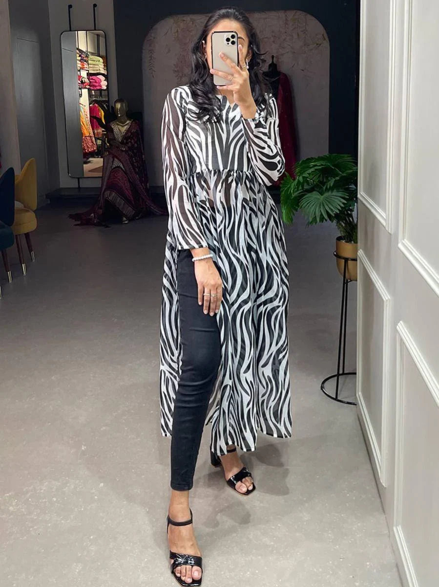 Attractive Black-White Animal Printed Chiffon Nayra Cut Traditional Kurti - Zeel Clothing