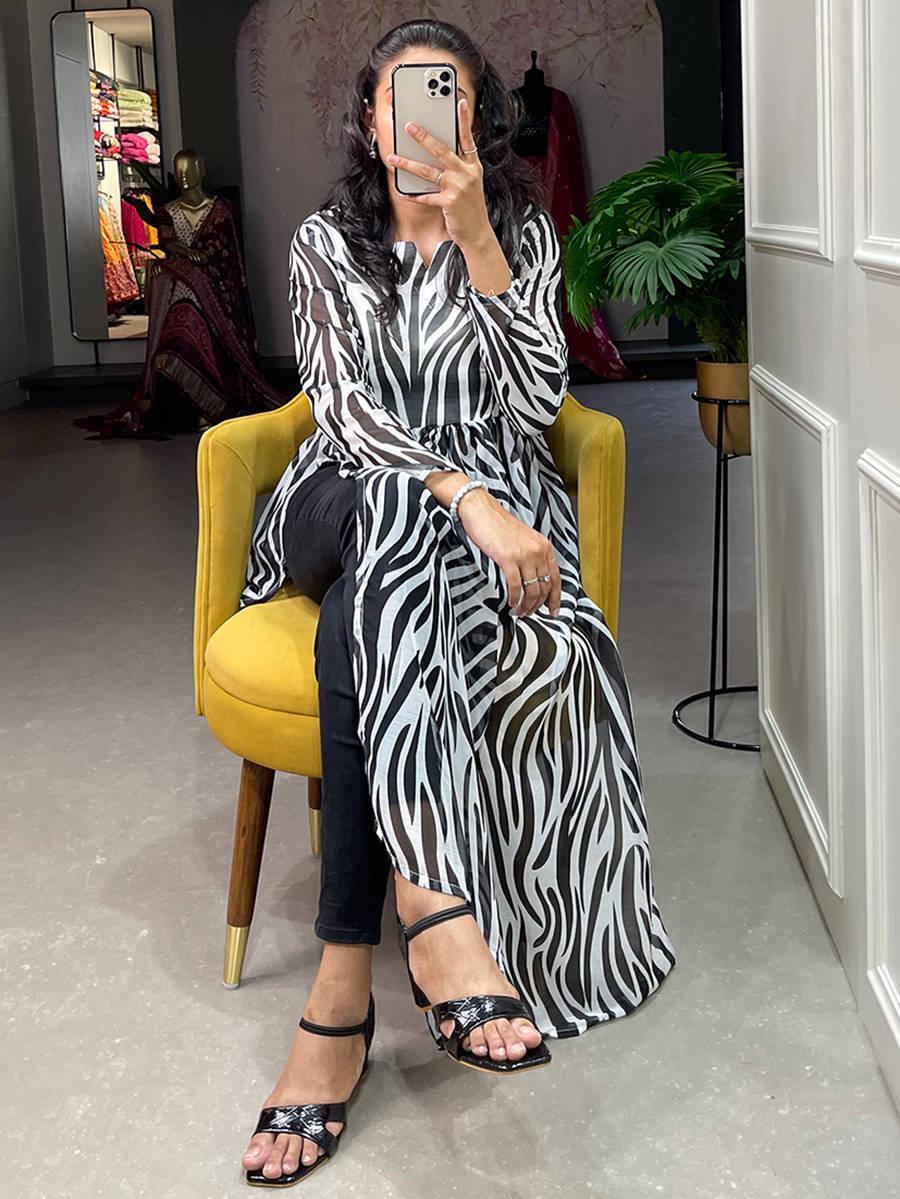 Attractive Black-White Animal Printed Chiffon Nayra Cut Traditional Kurti - Zeel Clothing