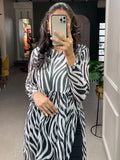 Attractive Black-White Animal Printed Chiffon Nayra Cut Traditional Kurti - Zeel Clothing