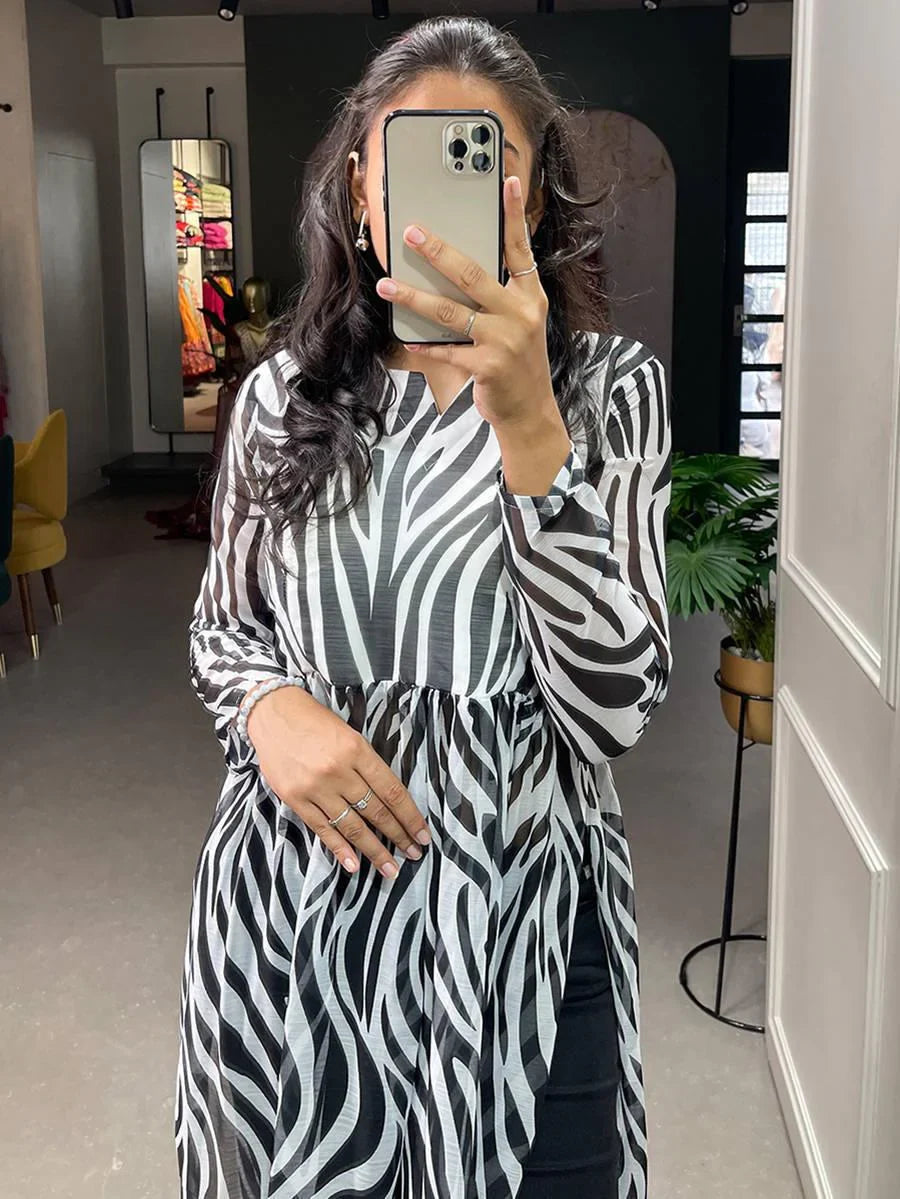 Attractive Black-White Animal Printed Chiffon Nayra Cut Traditional Kurti - Zeel Clothing