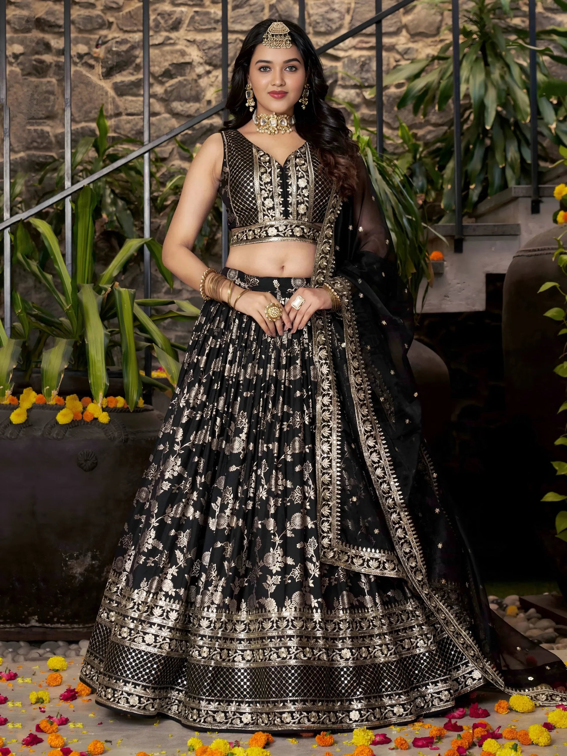 Attractive Black Zari Embroidery Jacquard Lehenga Choli With Dupatta