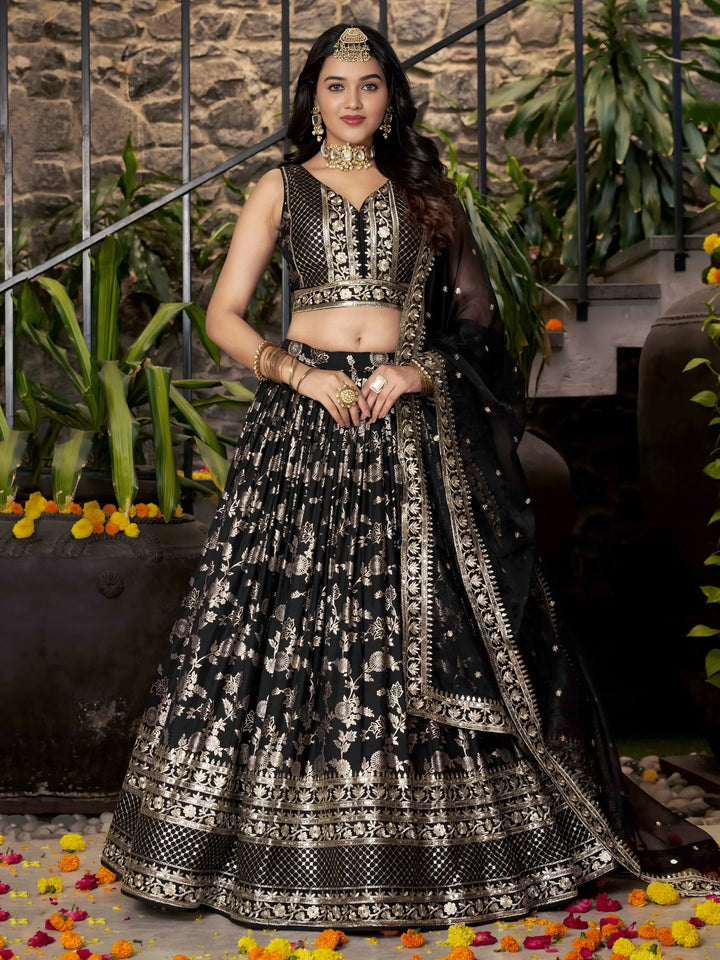 Attractive Black Zari Embroidery Jacquard Lehenga Choli With Dupatta