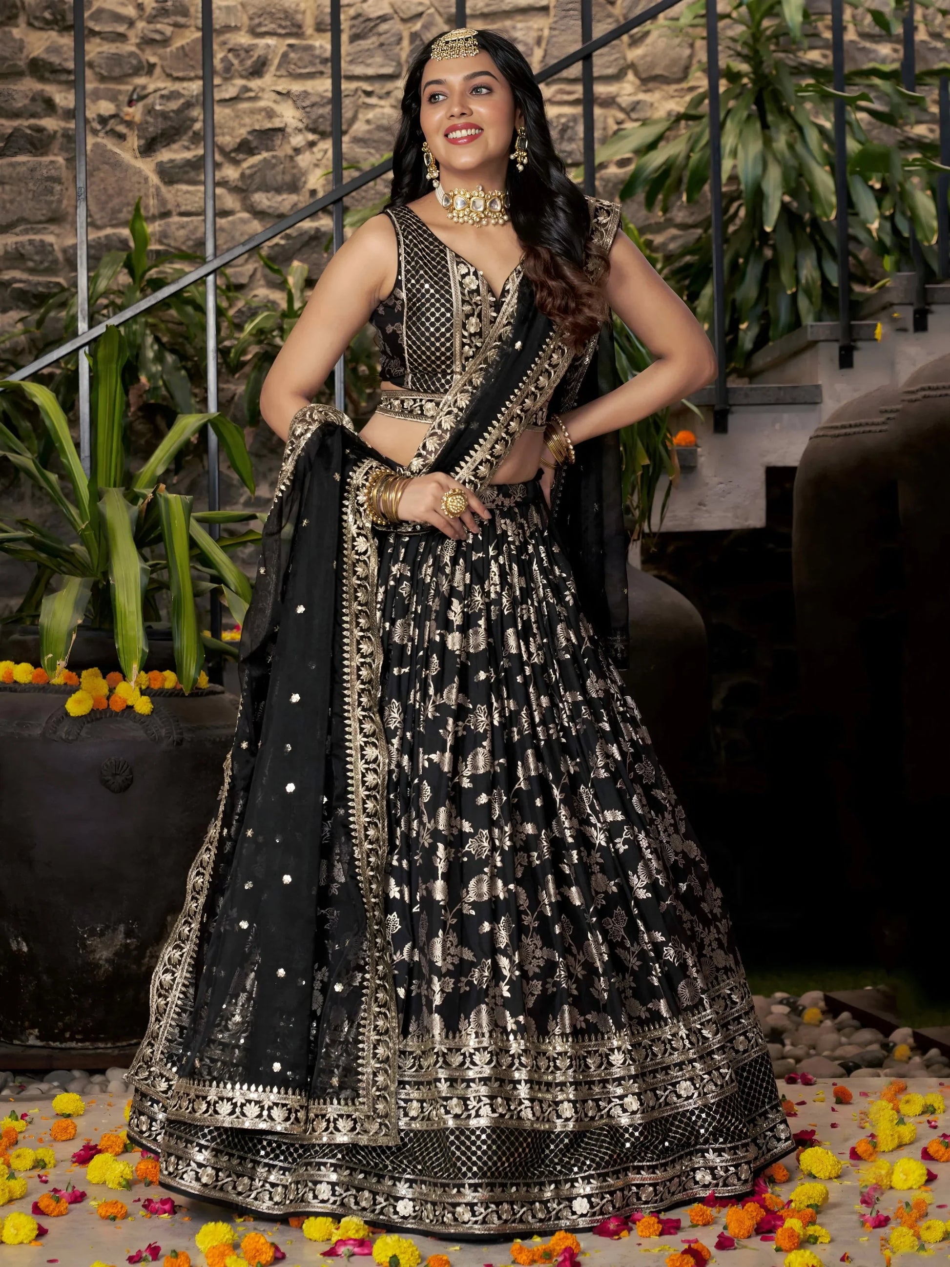 Attractive Black Zari Embroidery Jacquard Lehenga Choli With Dupatta